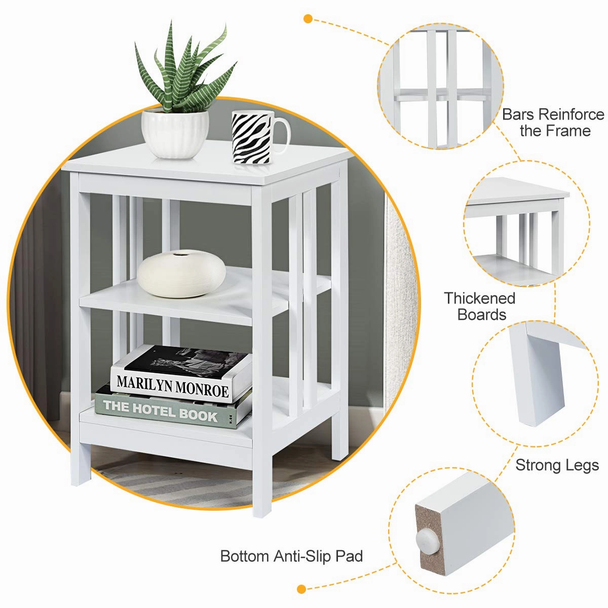 Giantex Nightstand 3-Tier Sofa Side Table W/Reinforced Bars and Stable Structure
