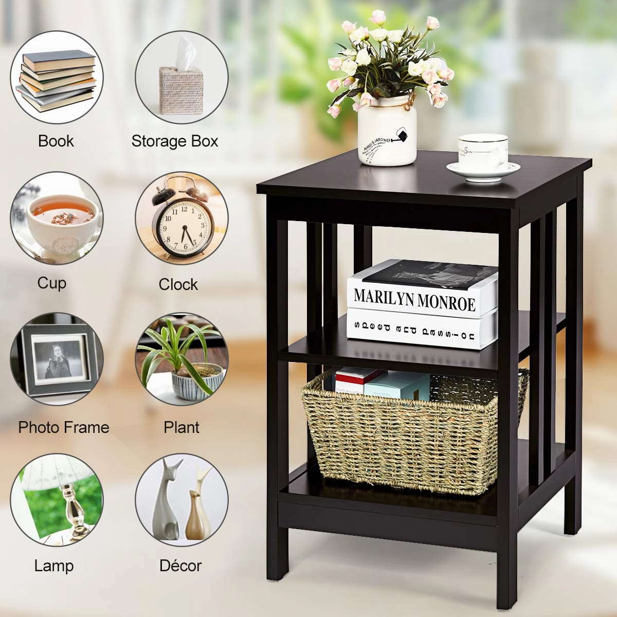 Giantex Nightstand 3-Tier Sofa Side Table W/Reinforced Bars and Stable Structure