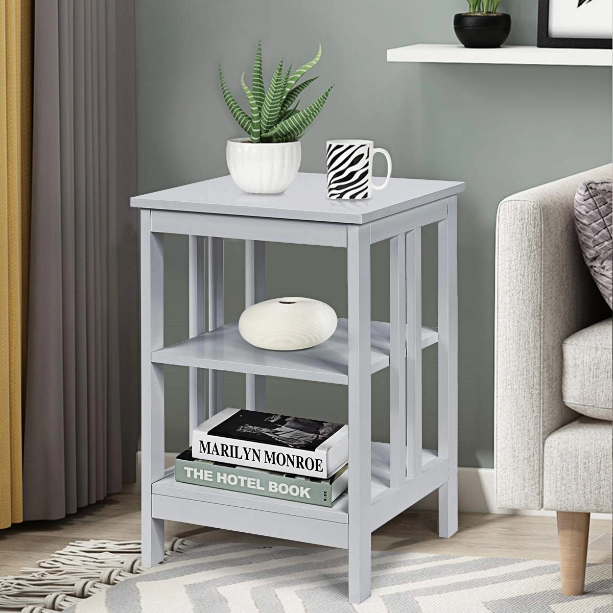 Giantex Nightstand 3-Tier Sofa Side Table W/Reinforced Bars and Stable Structure