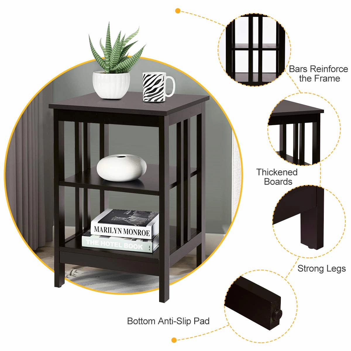 Giantex Nightstand 3-Tier Sofa Side Table W/Reinforced Bars and Stable Structure
