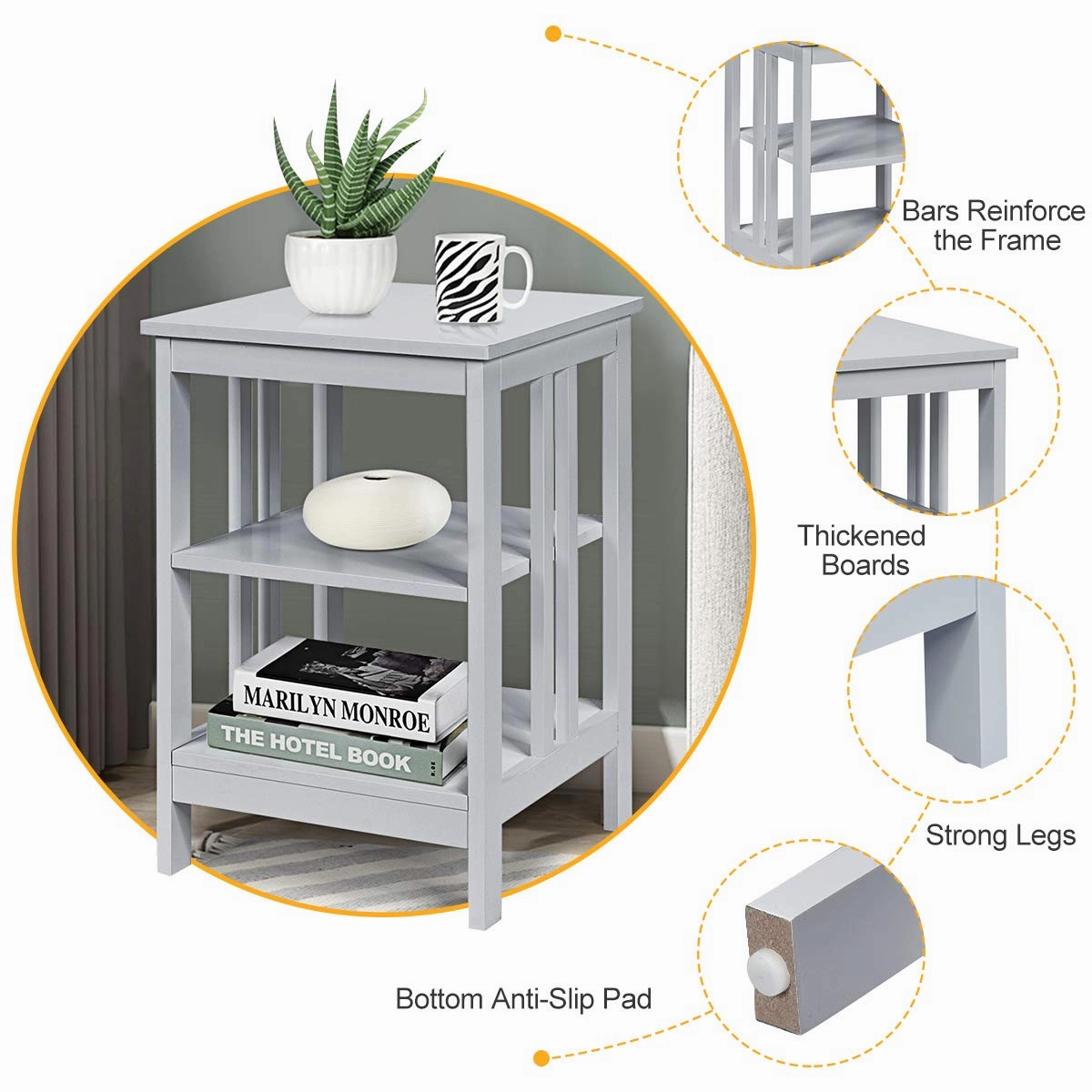 Giantex Nightstand 3-Tier Sofa Side Table W/Reinforced Bars and Stable Structure