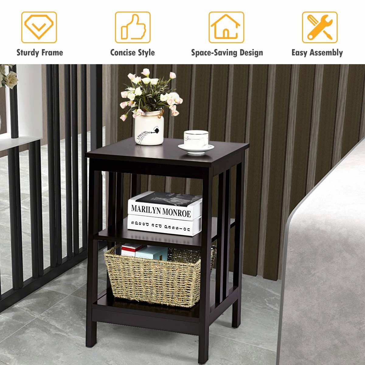 Giantex Nightstand 3-Tier Sofa Side Table W/Reinforced Bars and Stable Structure