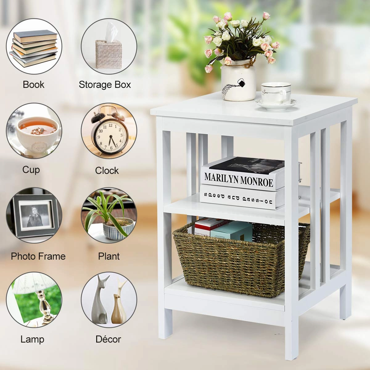 Giantex Nightstand 3-Tier Sofa Side Table W/Reinforced Bars and Stable Structure