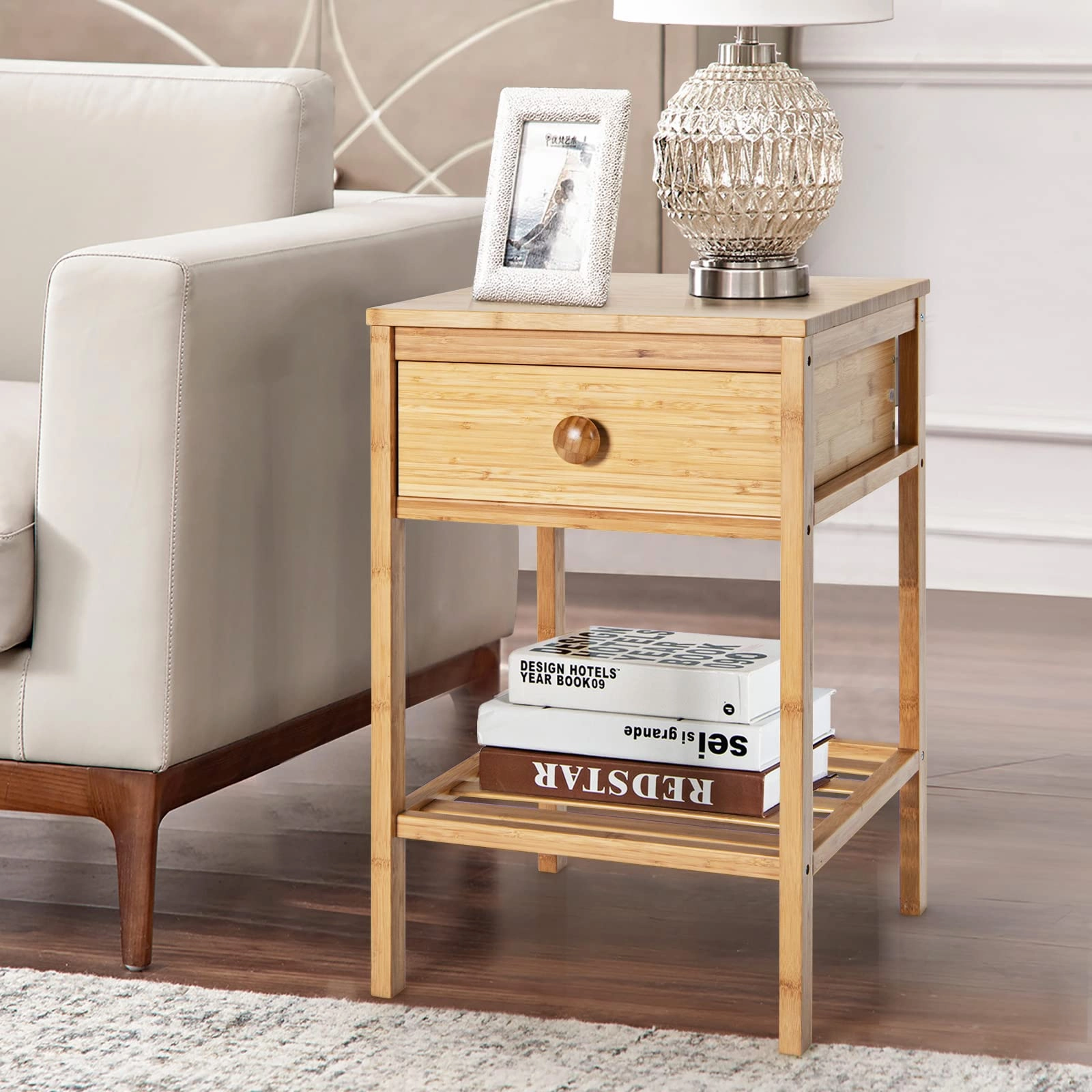 Giantex Nightstand Bamboo Bedside Table with Drawer, Open Shelf, Multifunctional Side Table