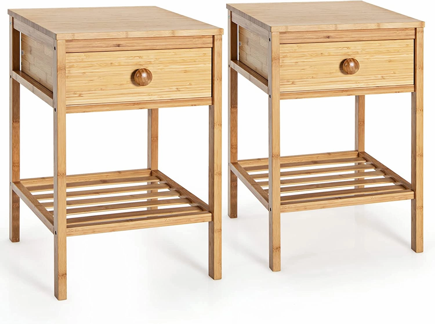 Giantex Nightstand Bamboo Bedside Table with Drawer, Open Shelf, Multifunctional Side Table
