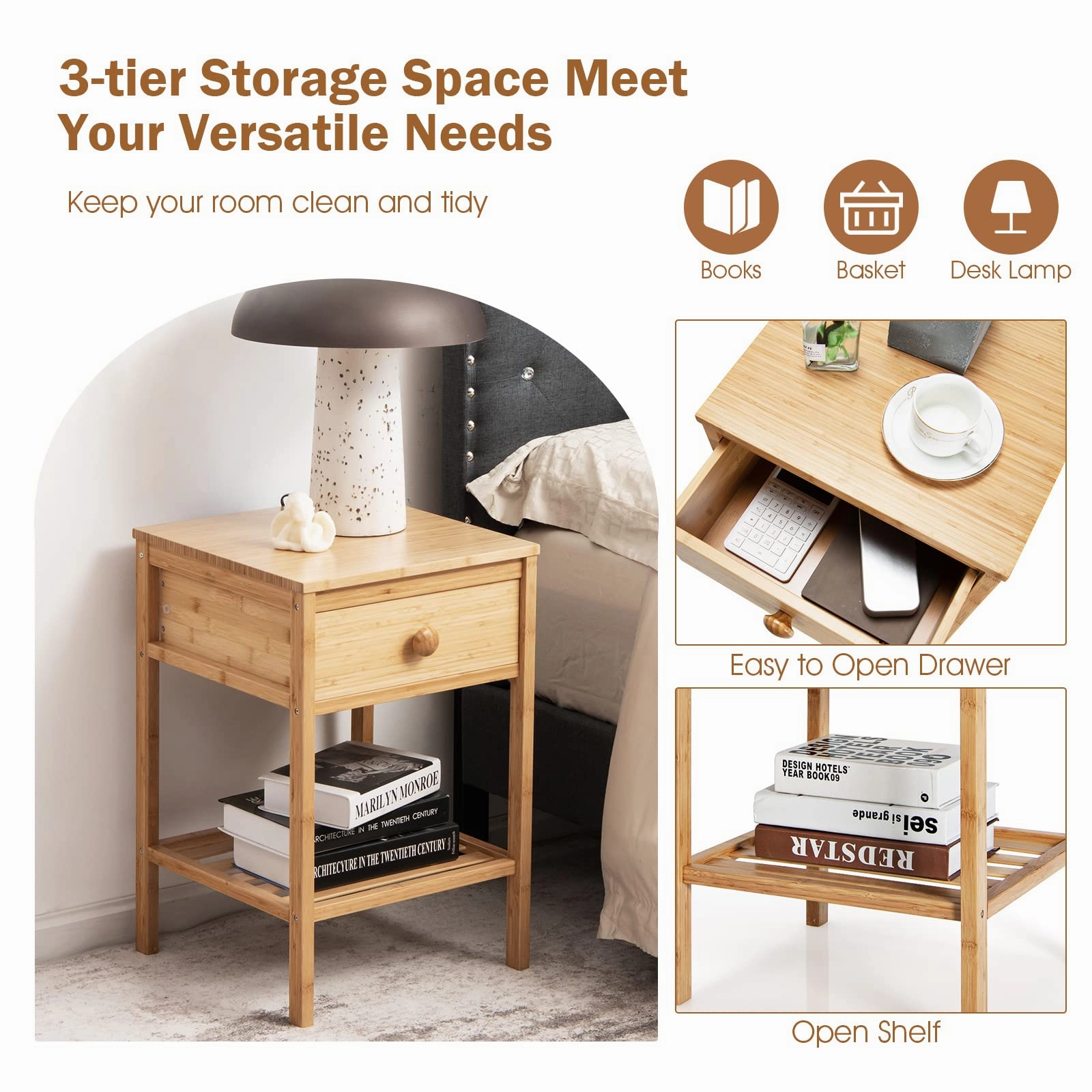 Giantex Nightstand Bamboo Bedside Table with Drawer, Open Shelf, Multifunctional Side Table