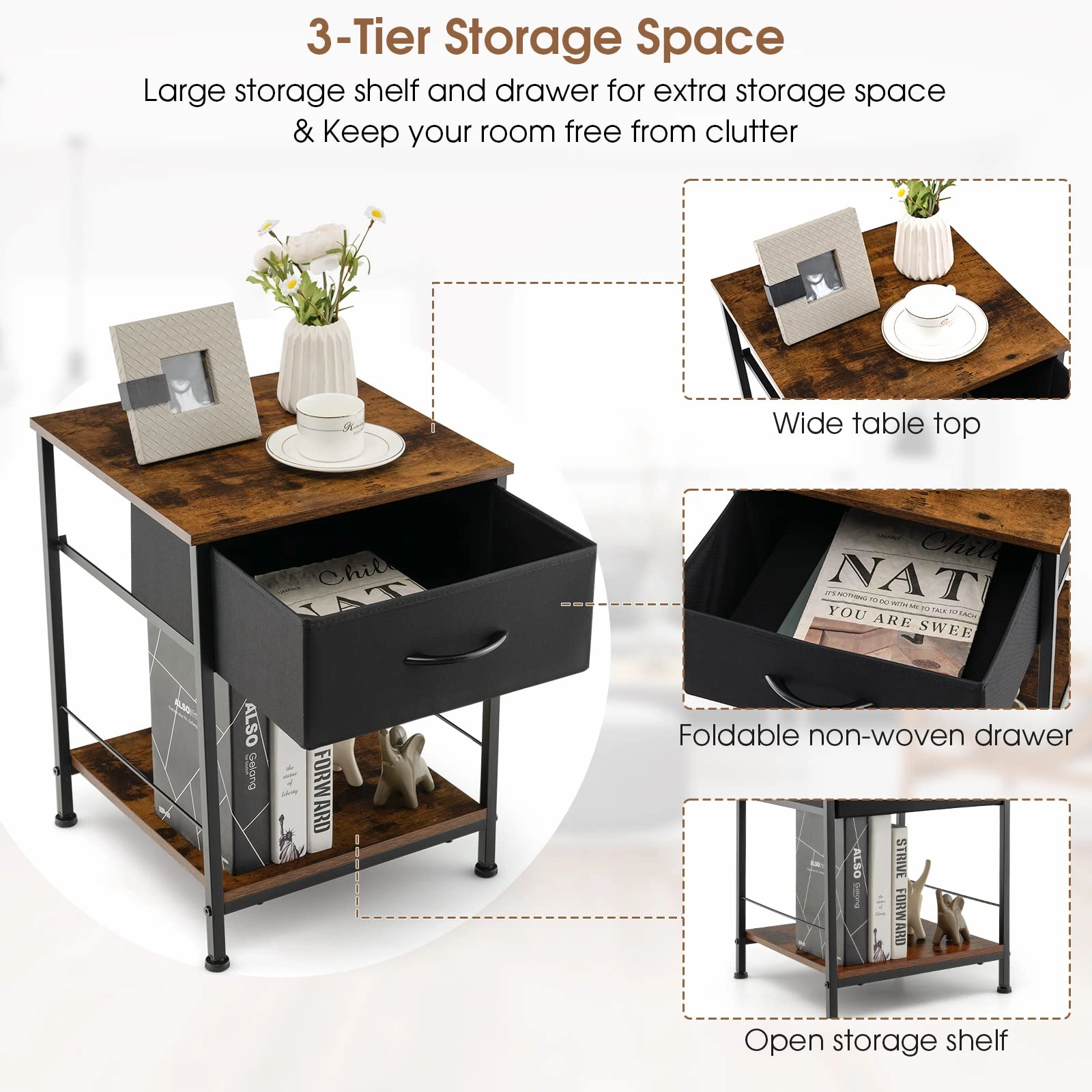 Giantex Nightstand, Bedside Table w/Removable Fabric Drawers and Open Storage Shelf