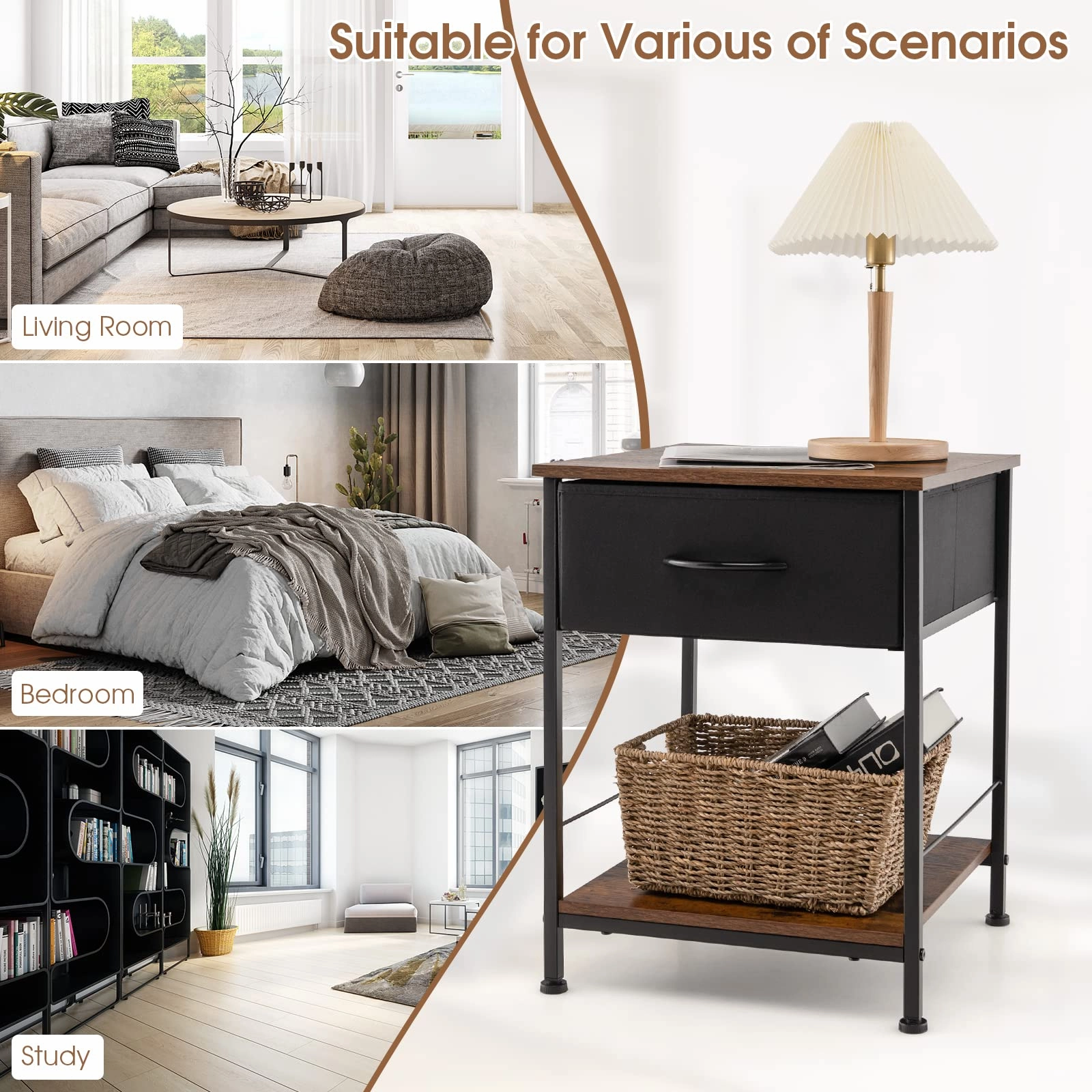 Giantex Nightstand, Bedside Table w/Removable Fabric Drawers and Open Storage Shelf