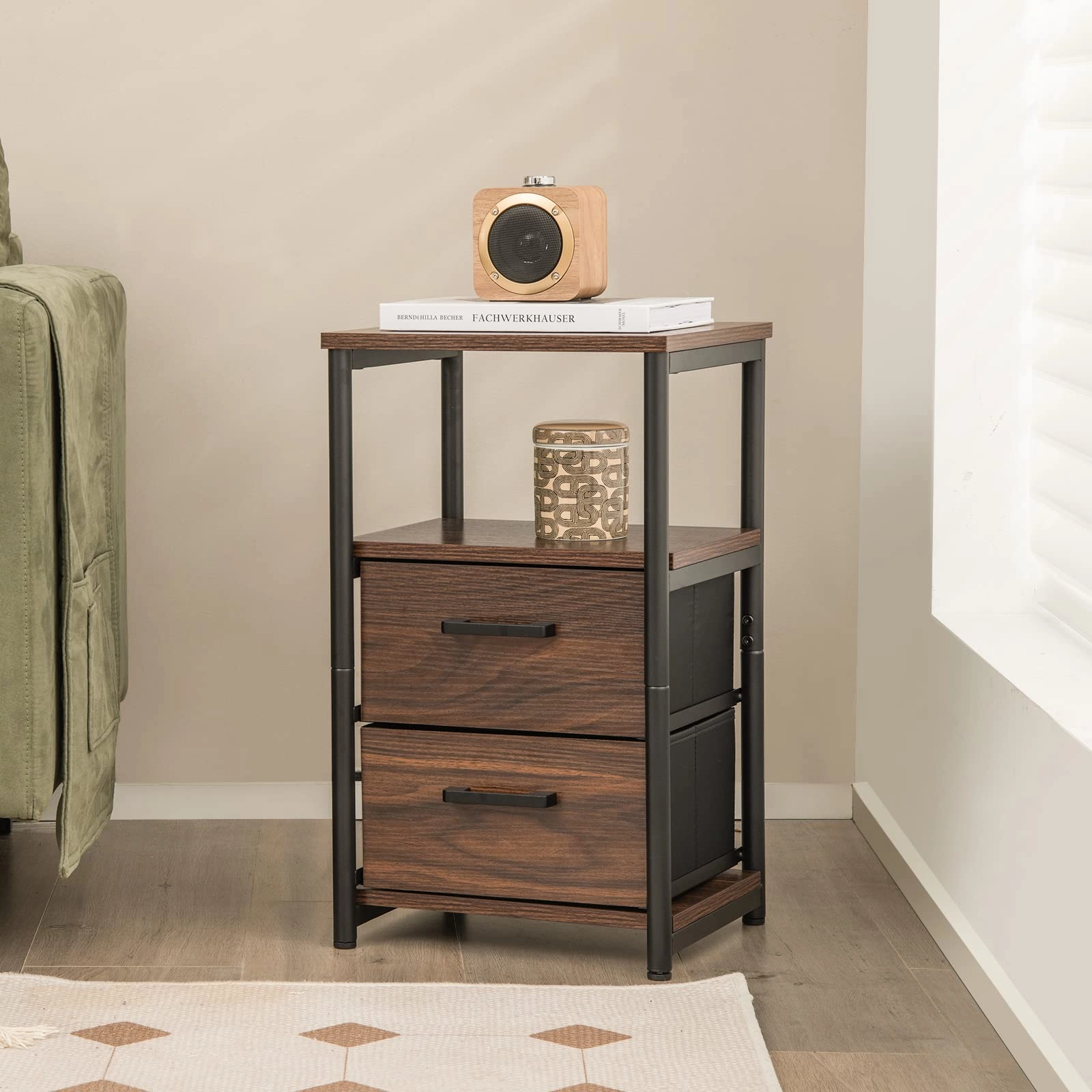 Giantex Nightstand, Bedside Table with 2 Fabric Drawers & Open Wood Shelf Storage