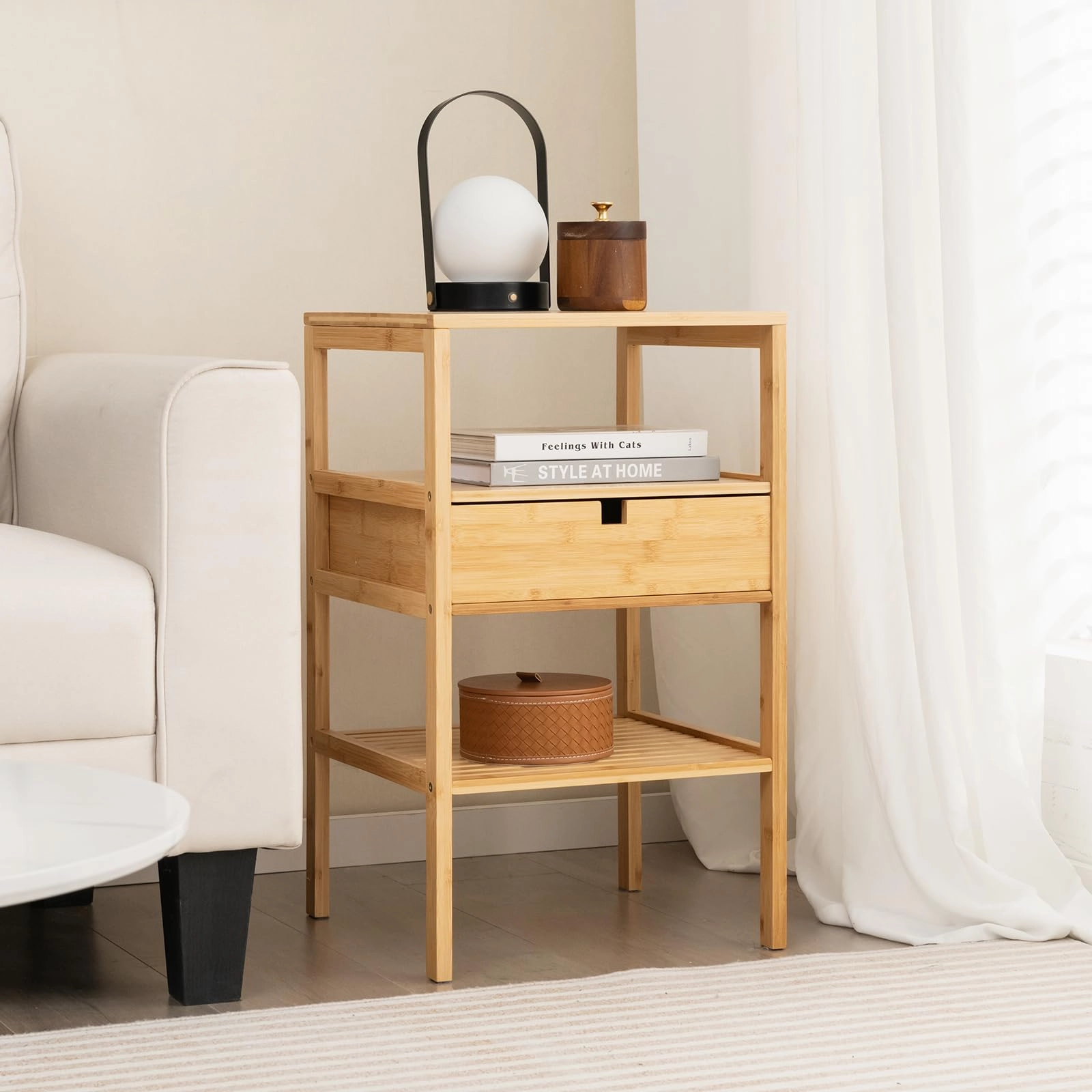 Giantex Nightstand Set of 1/2, Bamboo End Table with Drawer and 2 Open Shelves