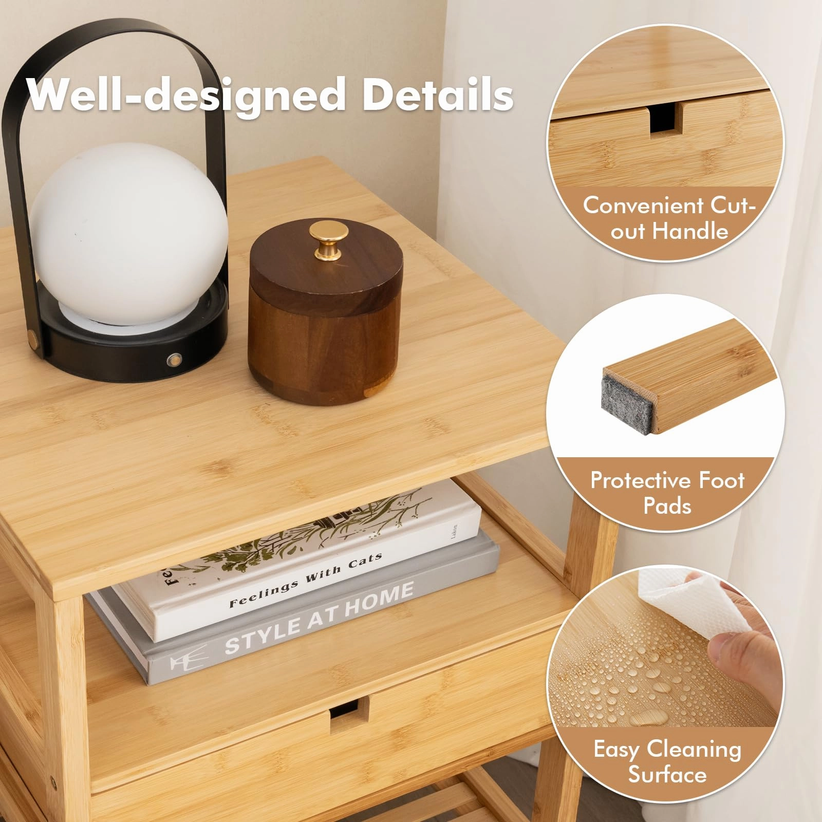 Giantex Nightstand Set of 1/2, Bamboo End Table with Drawer and 2 Open Shelves
