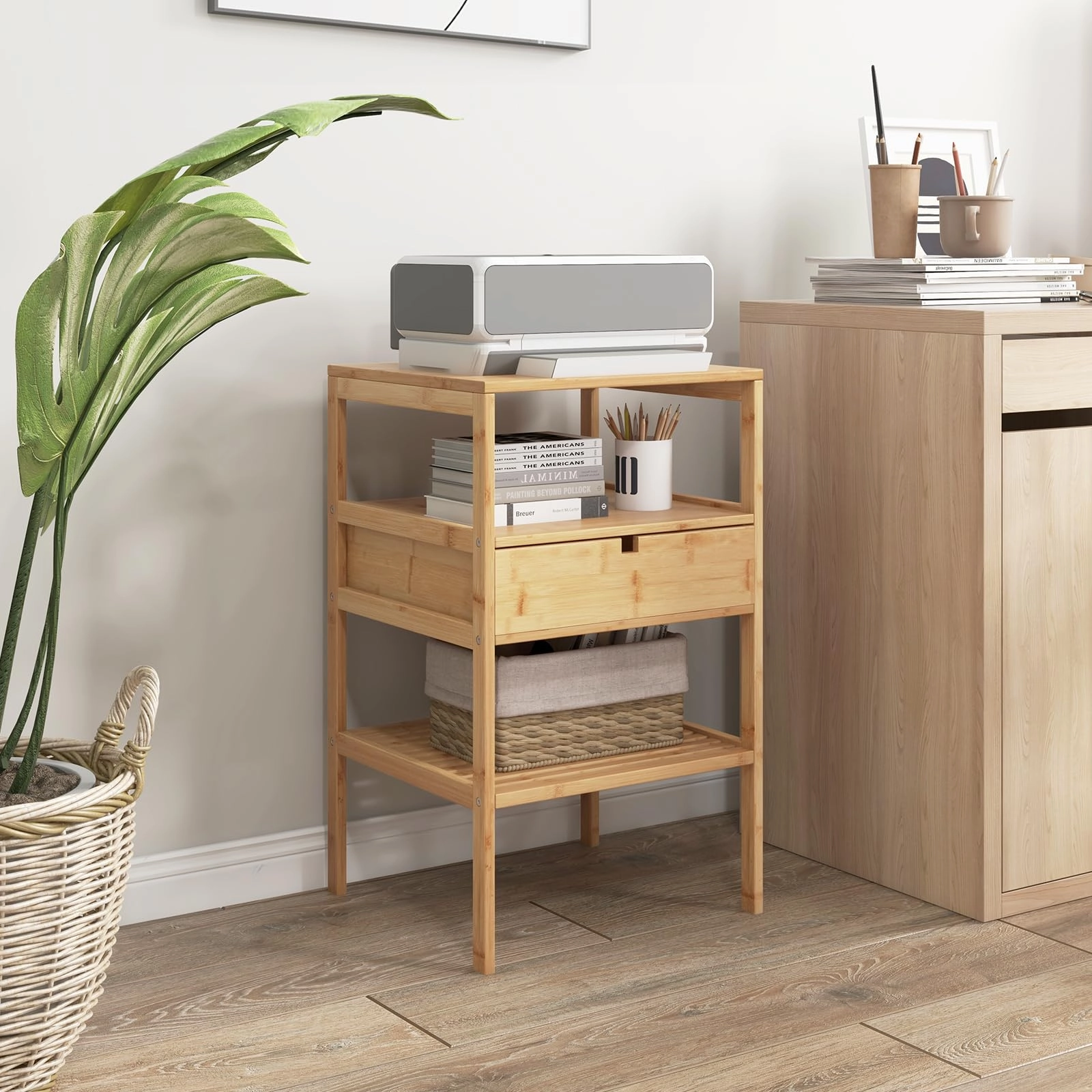 Giantex Nightstand Set of 1/2, Bamboo End Table with Drawer and 2 Open Shelves