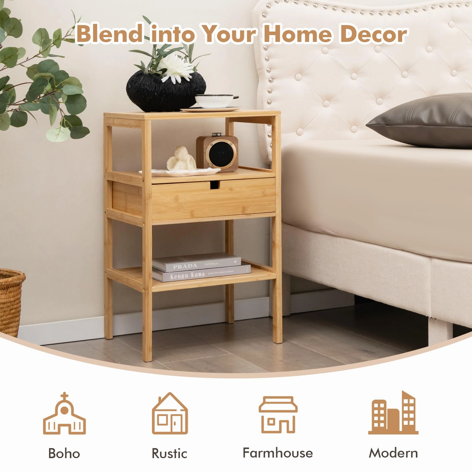 Giantex Nightstand Set of 1/2, Bamboo End Table with Drawer and 2 Open Shelves