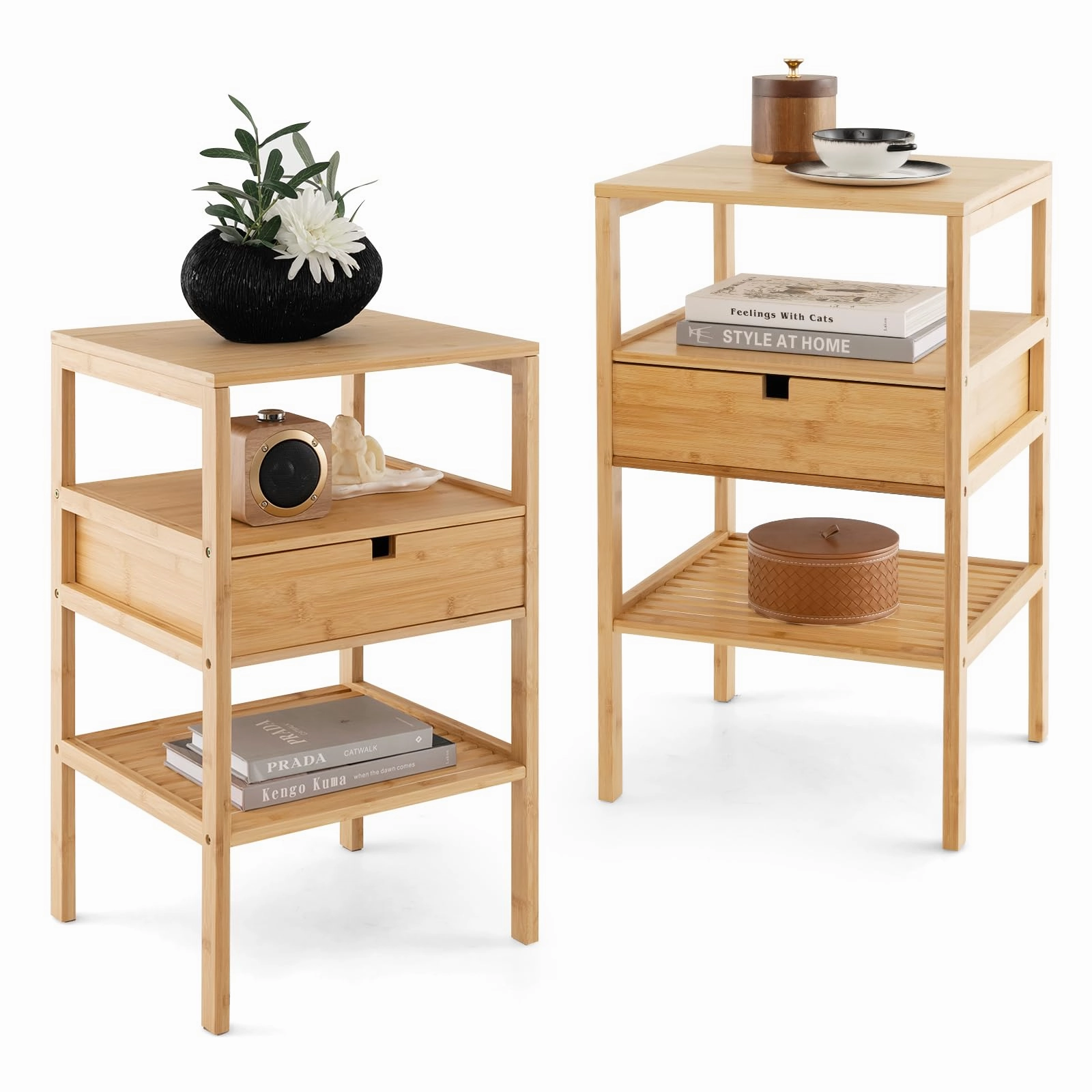 Giantex Nightstand Set of 1/2, Bamboo End Table with Drawer and 2 Open Shelves entry bench, mudroom storage