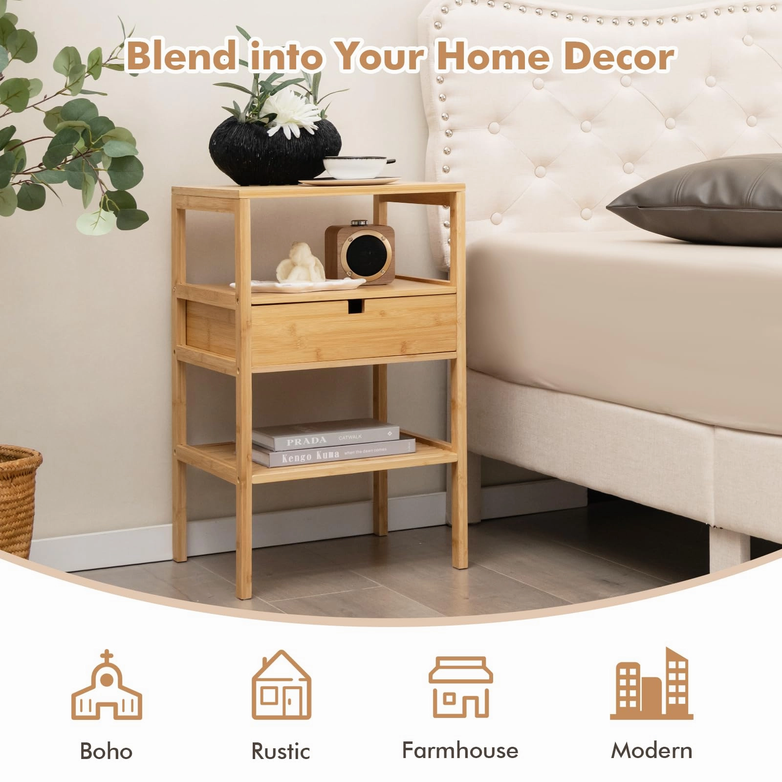 Giantex Nightstand Set of 1/2, Bamboo End Table with Drawer and 2 Open Shelves