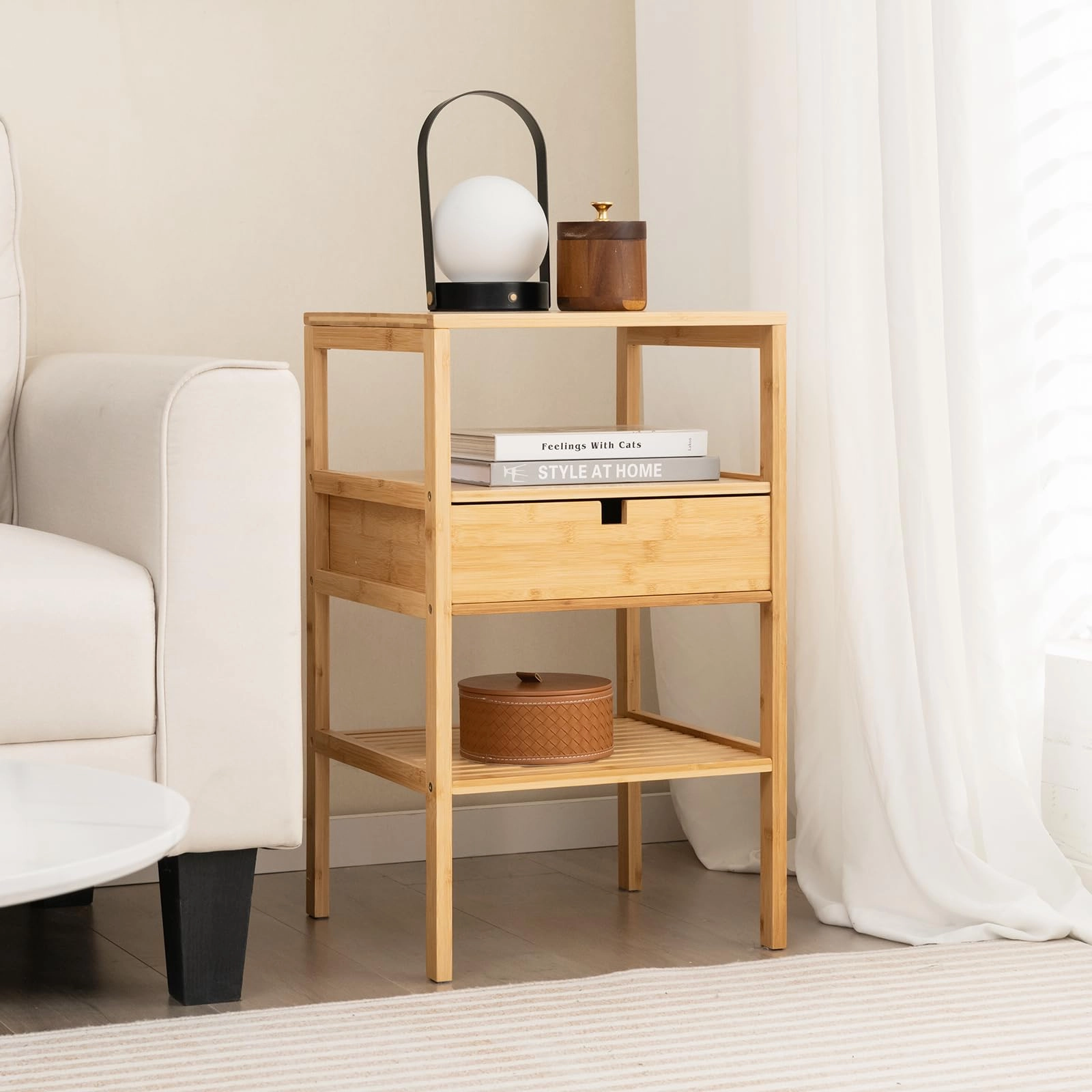 Giantex Nightstand Set of 1/2, Bamboo End Table with Drawer and 2 Open Shelves