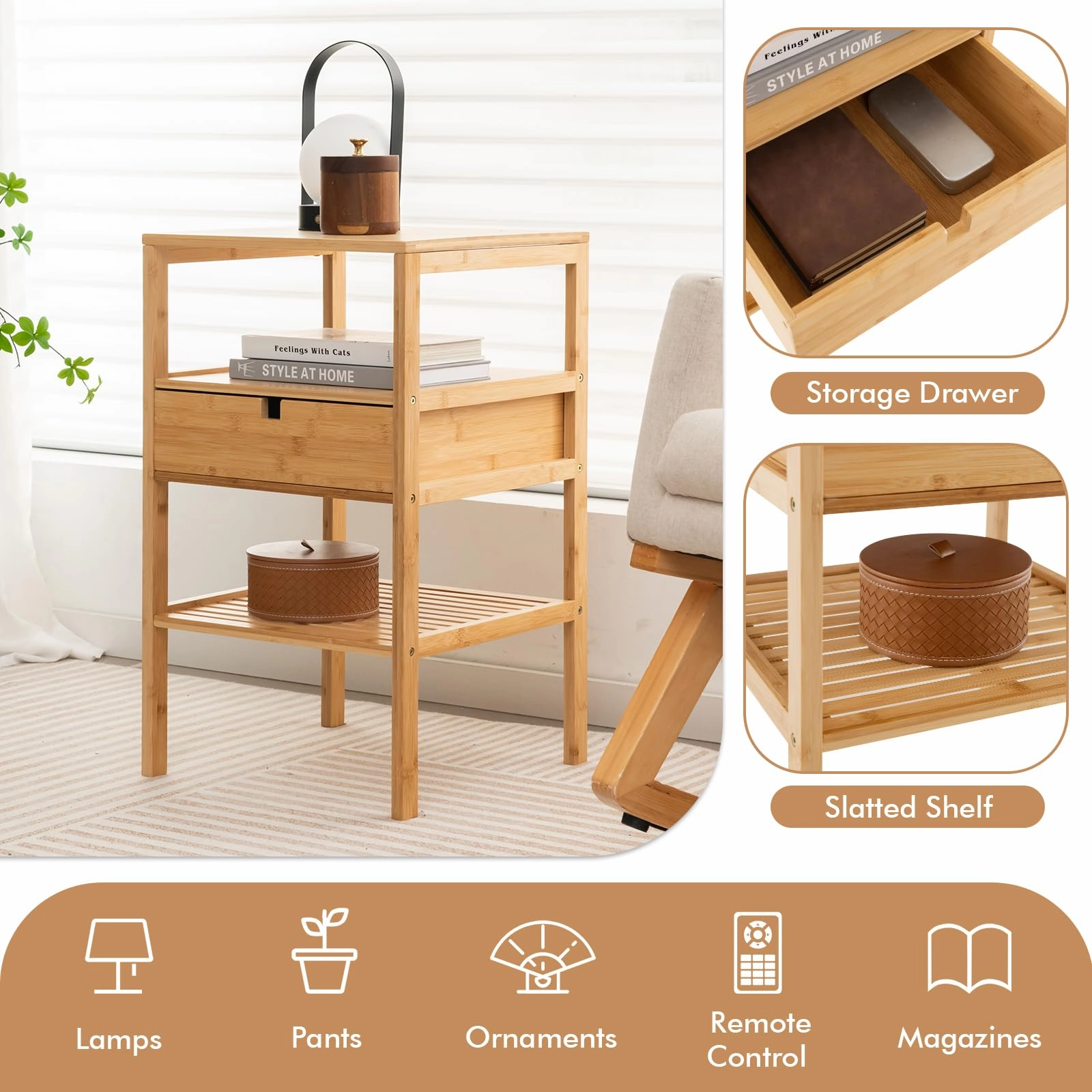 Giantex Nightstand Set of 1/2, Bamboo End Table with Drawer and 2 Open Shelves