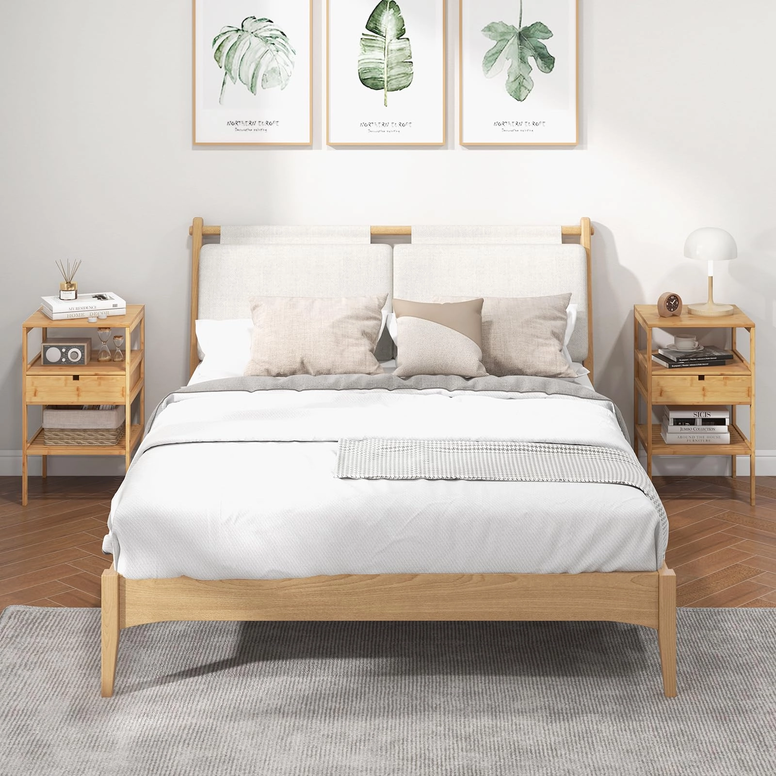 Giantex Nightstand Set of 1/2, Bamboo End Table with Drawer and 2 Open Shelves