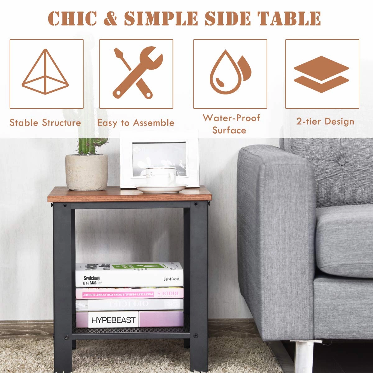 Giantex Nightstand Side Table 2-Tier W/Adjustable Feet, Storage Shelf and Metal Frame