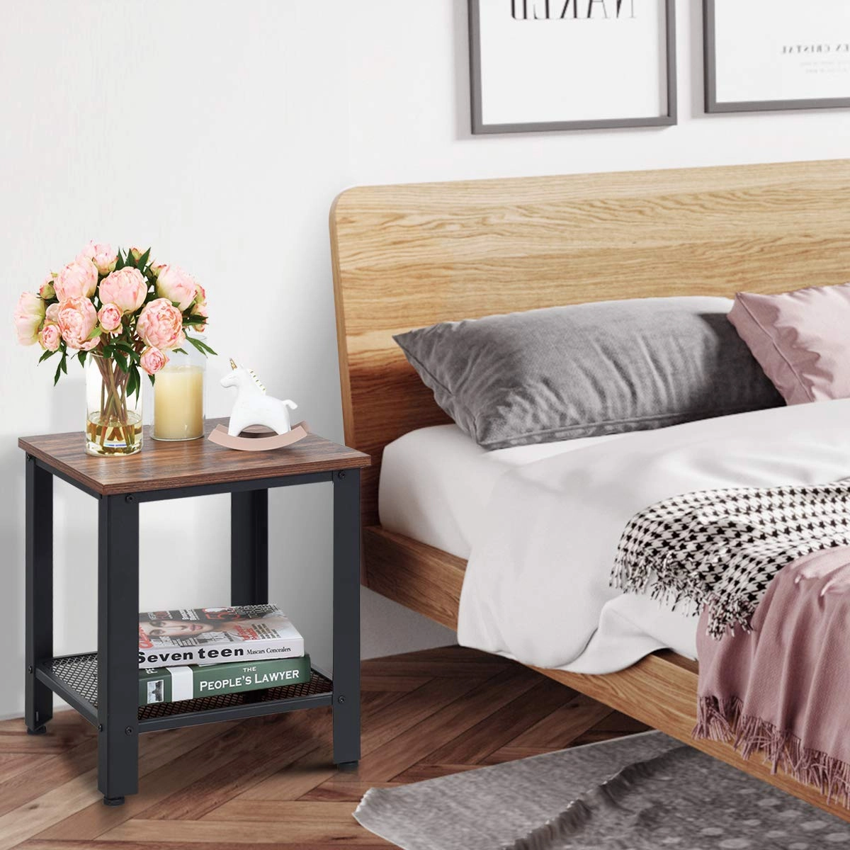 Giantex Nightstand Side Table 2-Tier W/Adjustable Feet, Storage Shelf and Metal Frame