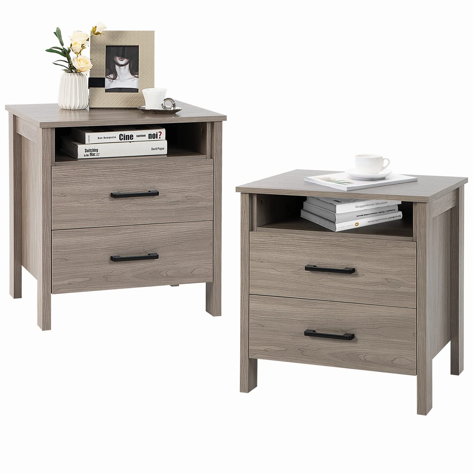 Giantex Nightstand w/2 Drawers, Set of 2 End Table w/Wood Grain