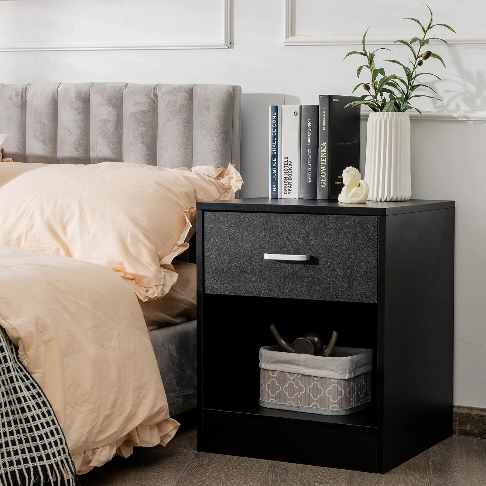 Giantex Nightstand w/Drawer, 2-Tier Wooden Bedside Table, Black