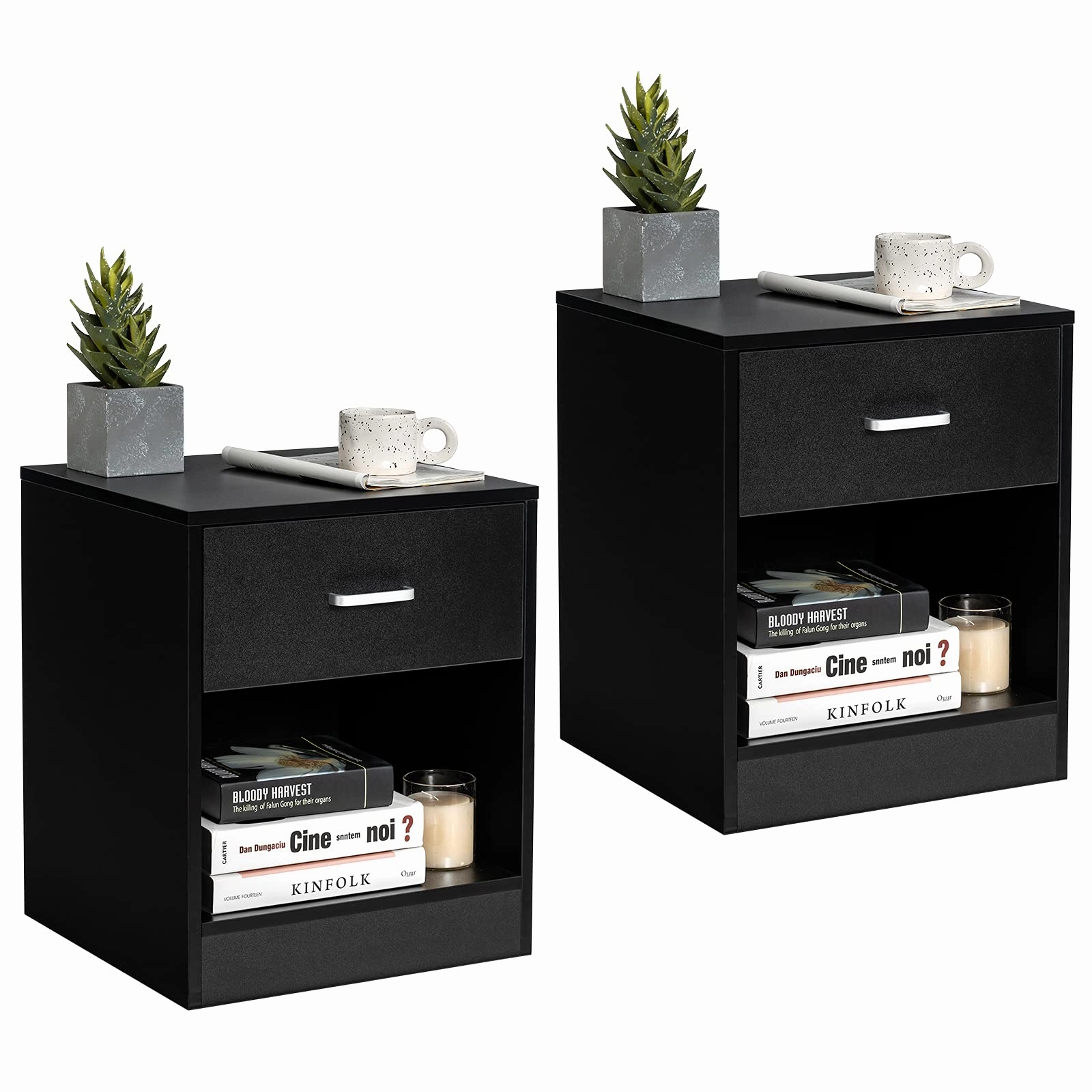 Giantex Nightstand w/Drawer, 2-Tier Wooden Bedside Table, Black