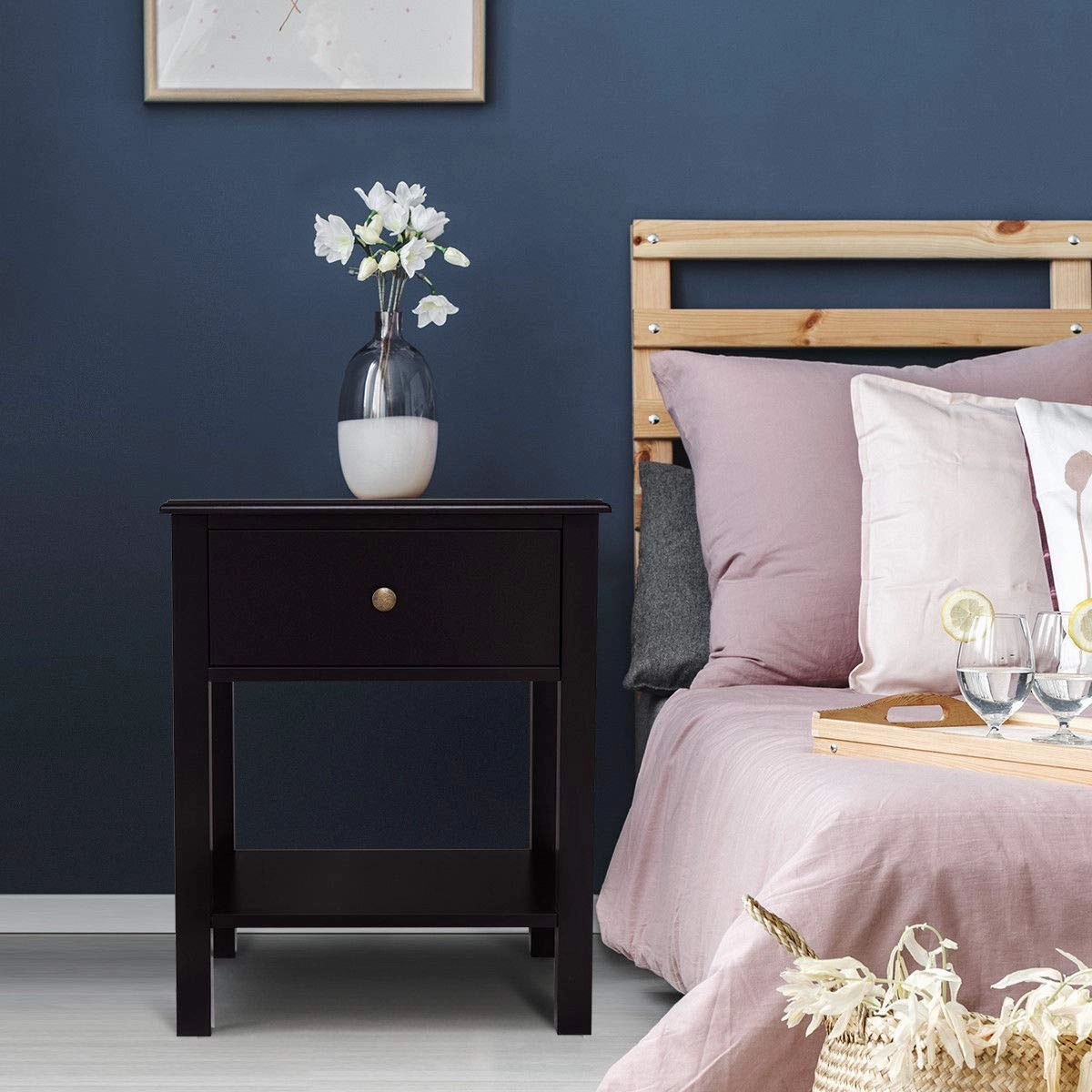 Giantex Nightstand W/Drawer and Shelf, Stable Frame Storage Cabinet