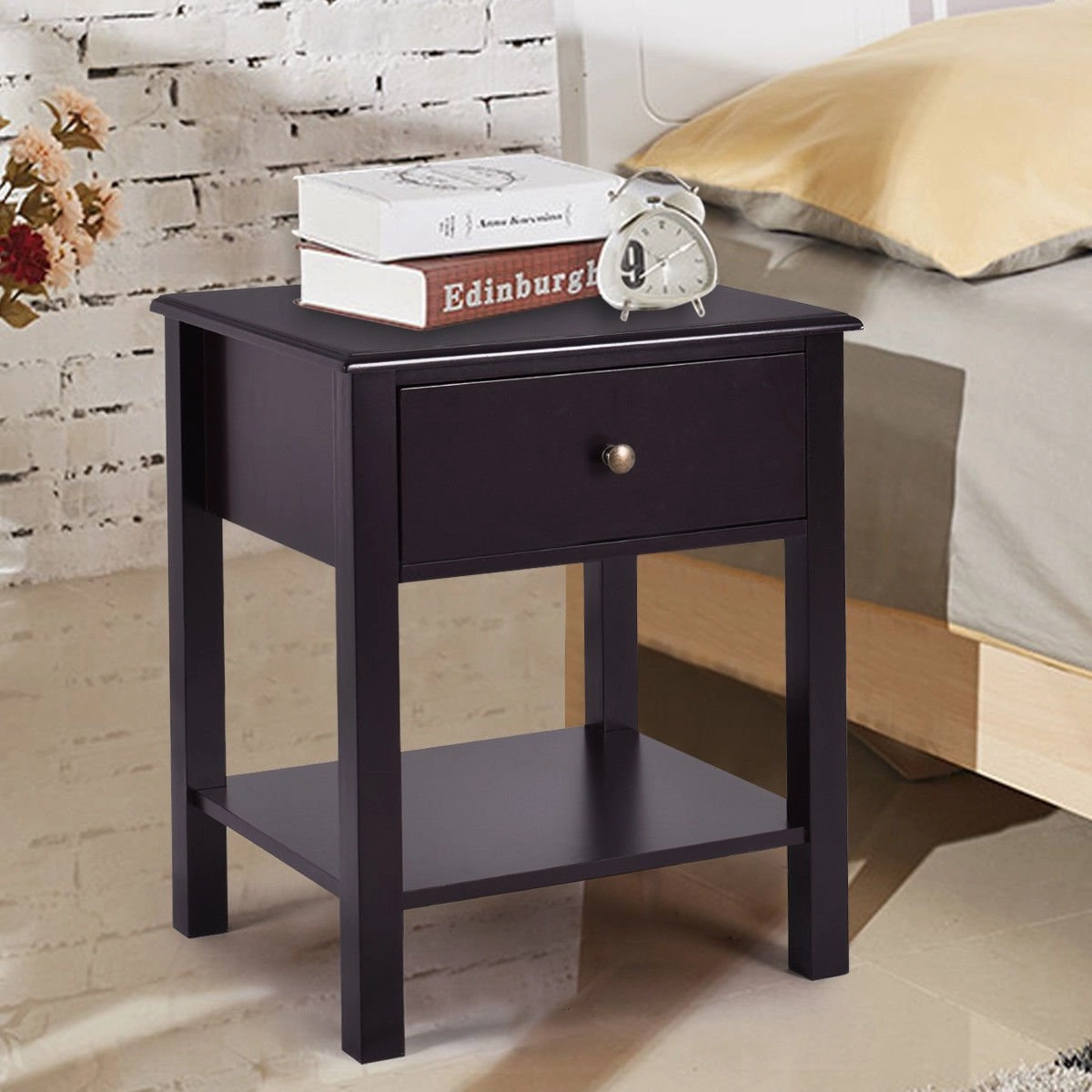 Giantex Nightstand W/Drawer and Shelf, Stable Frame Storage Cabinet
