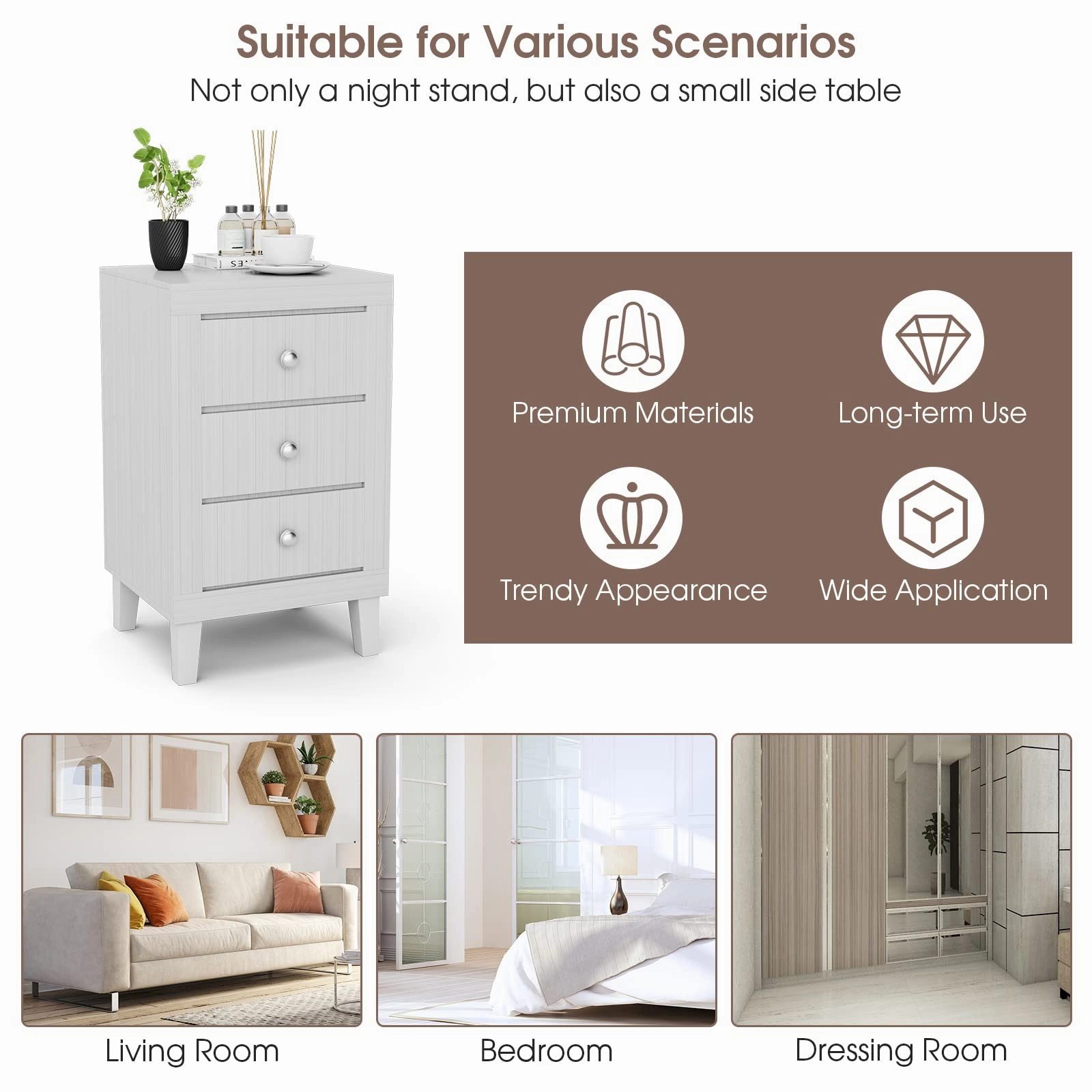 Giantex Nightstand with 3 Drawers, 26.5" Wood End Side Table w/Handles & Rubber Solid Wood Legs