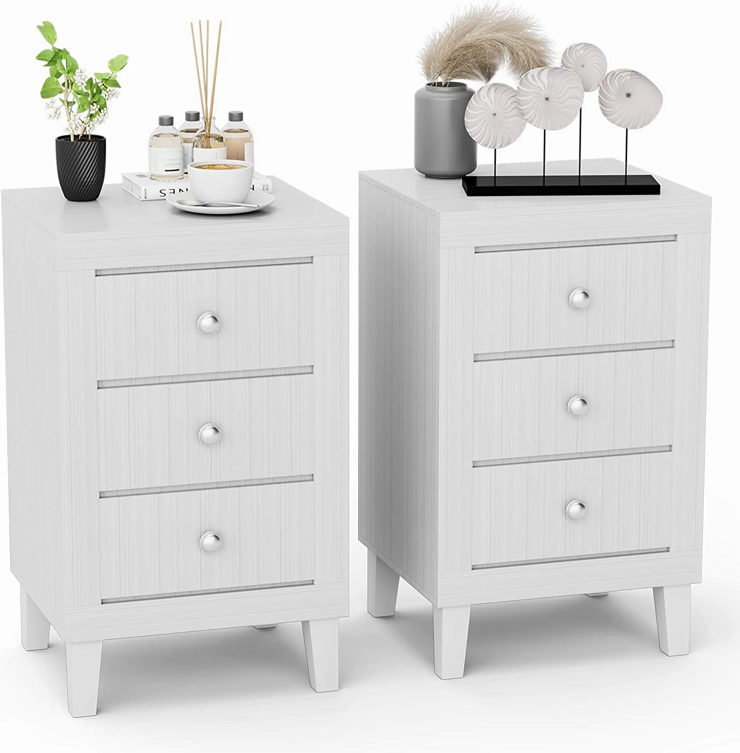 Giantex Nightstand with 3 Drawers, 26.5" Wood End Side Table w/Handles & Rubber Solid Wood Legs