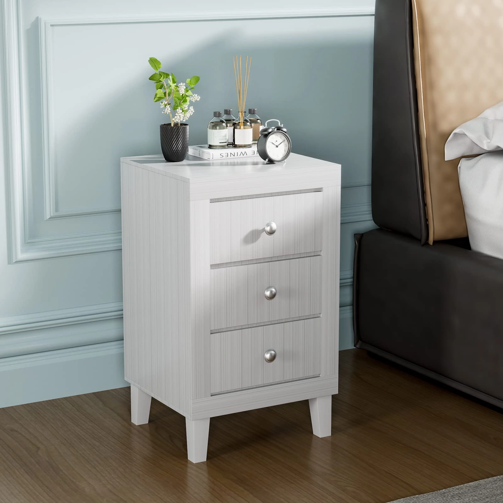 Giantex Nightstand with 3 Drawers, 26.5" Wood End Side Table w/Handles & Rubber Solid Wood Legs