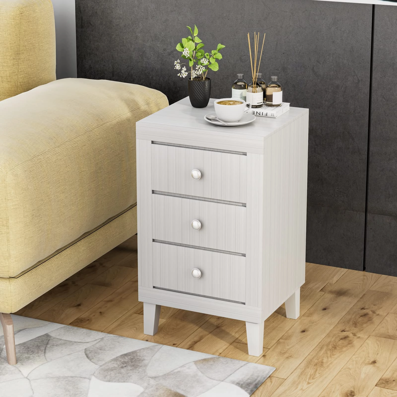 Giantex Nightstand with 3 Drawers, 26.5" Wood End Side Table w/Handles & Rubber Solid Wood Legs