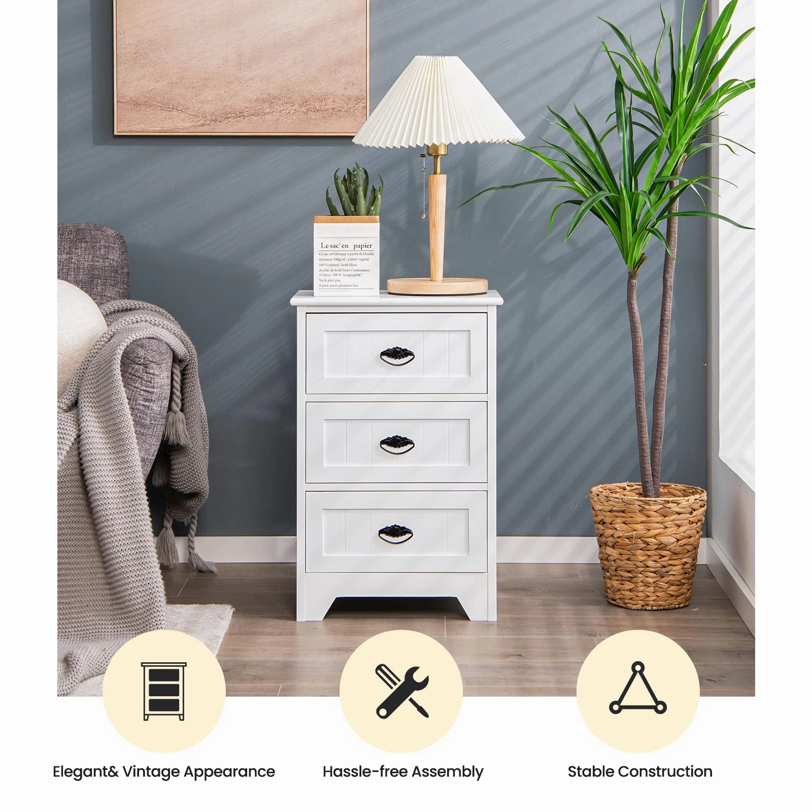 Giantex Nightstand with 3 Drawers, Bedside Table