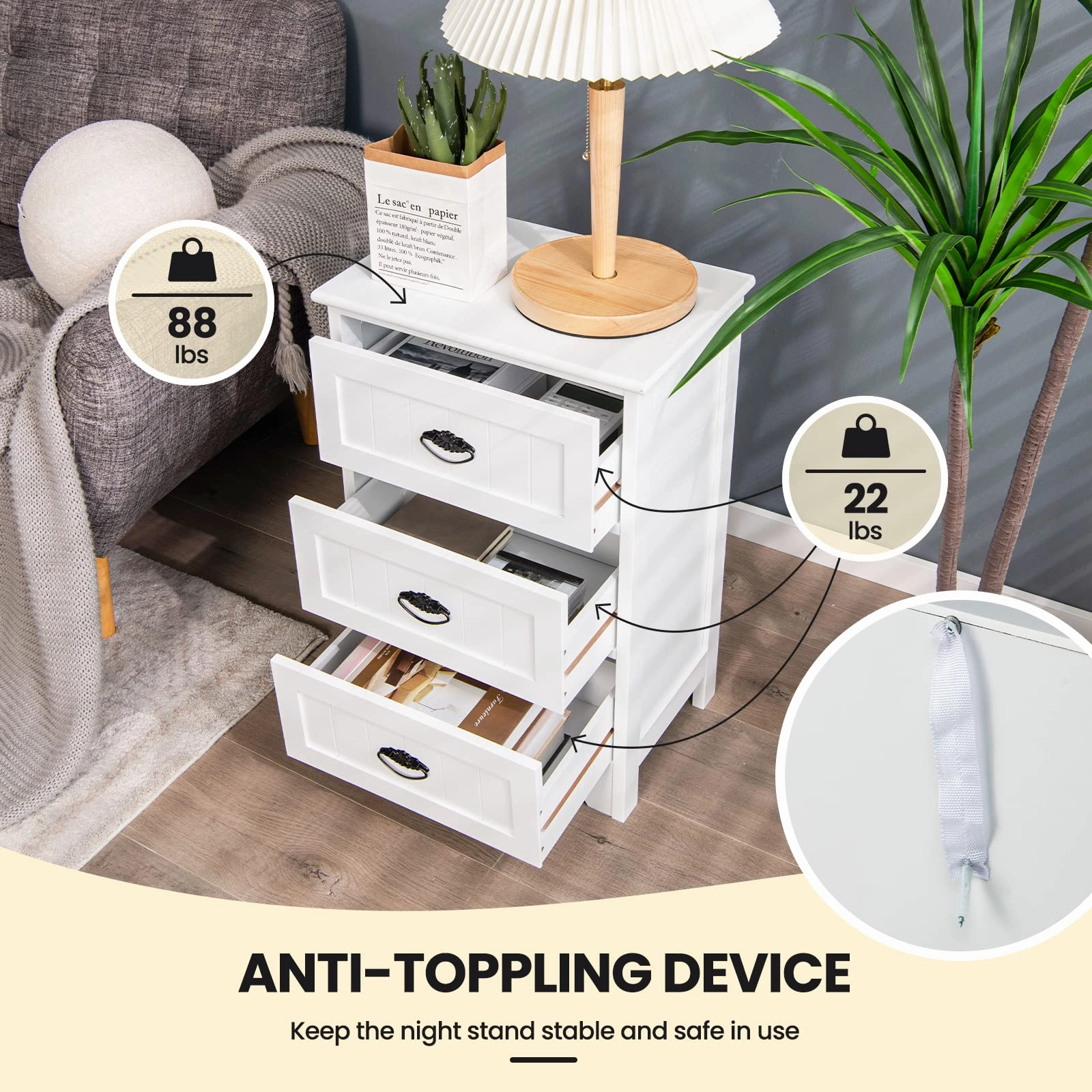 Giantex Nightstand with 3 Drawers, Bedside Table