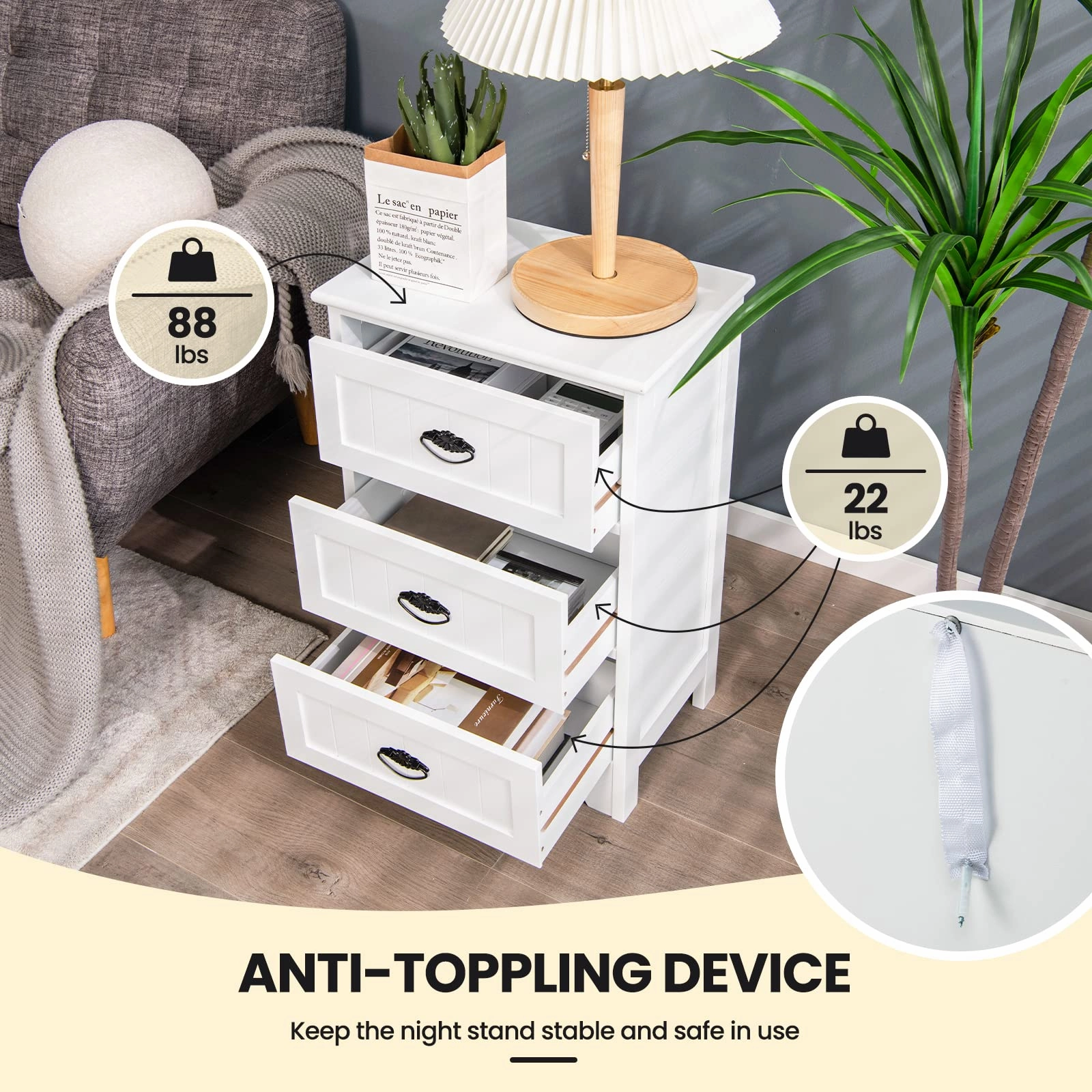 Giantex Nightstand with 3 Drawers, Bedside Table