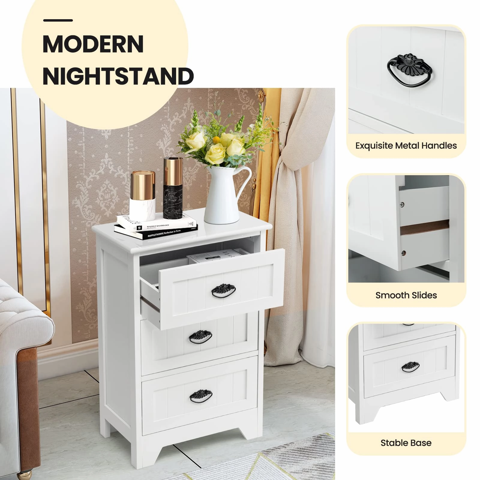 Giantex Nightstand with 3 Drawers, Bedside Table