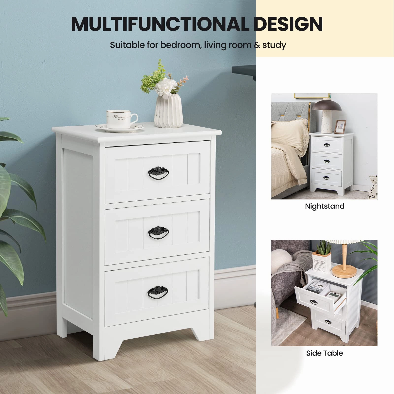 Giantex Nightstand with 3 Drawers, Bedside Table