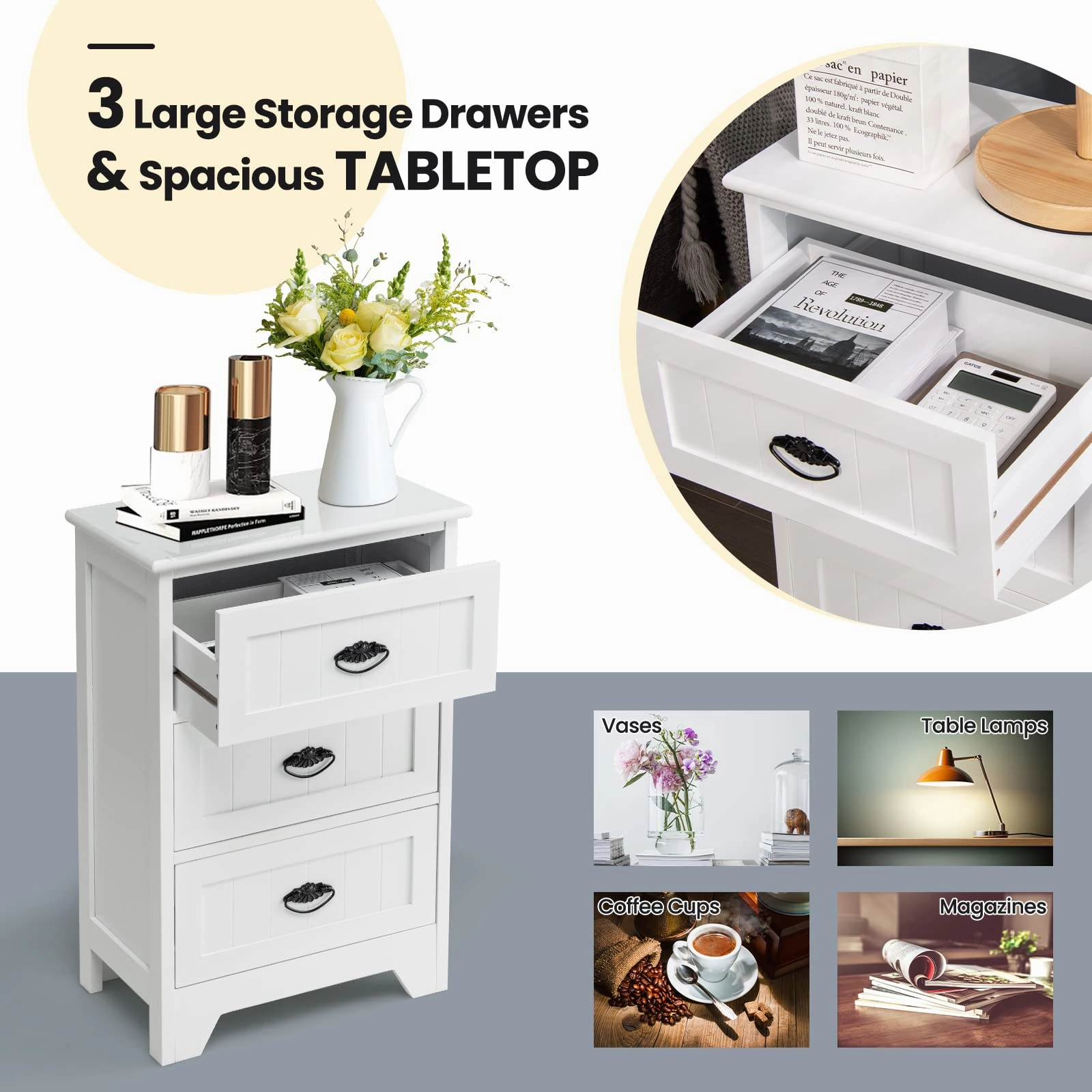 Giantex Nightstand with 3 Drawers, Bedside Table