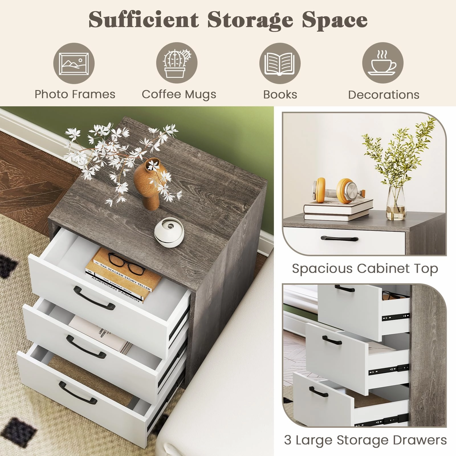 Giantex Nightstand with 3 Drawers for Bedroom Hallway