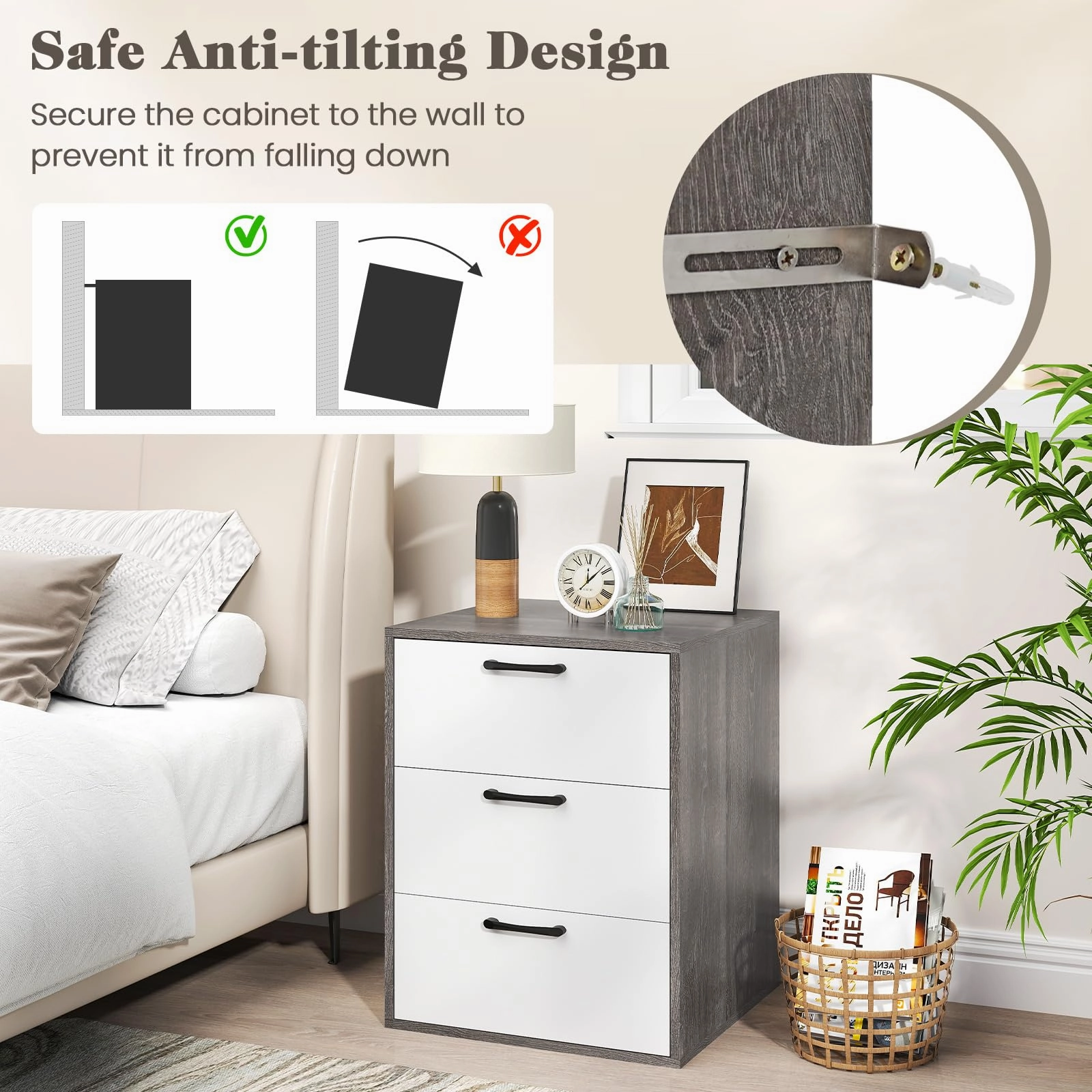 Giantex Nightstand with 3 Drawers for Bedroom Hallway