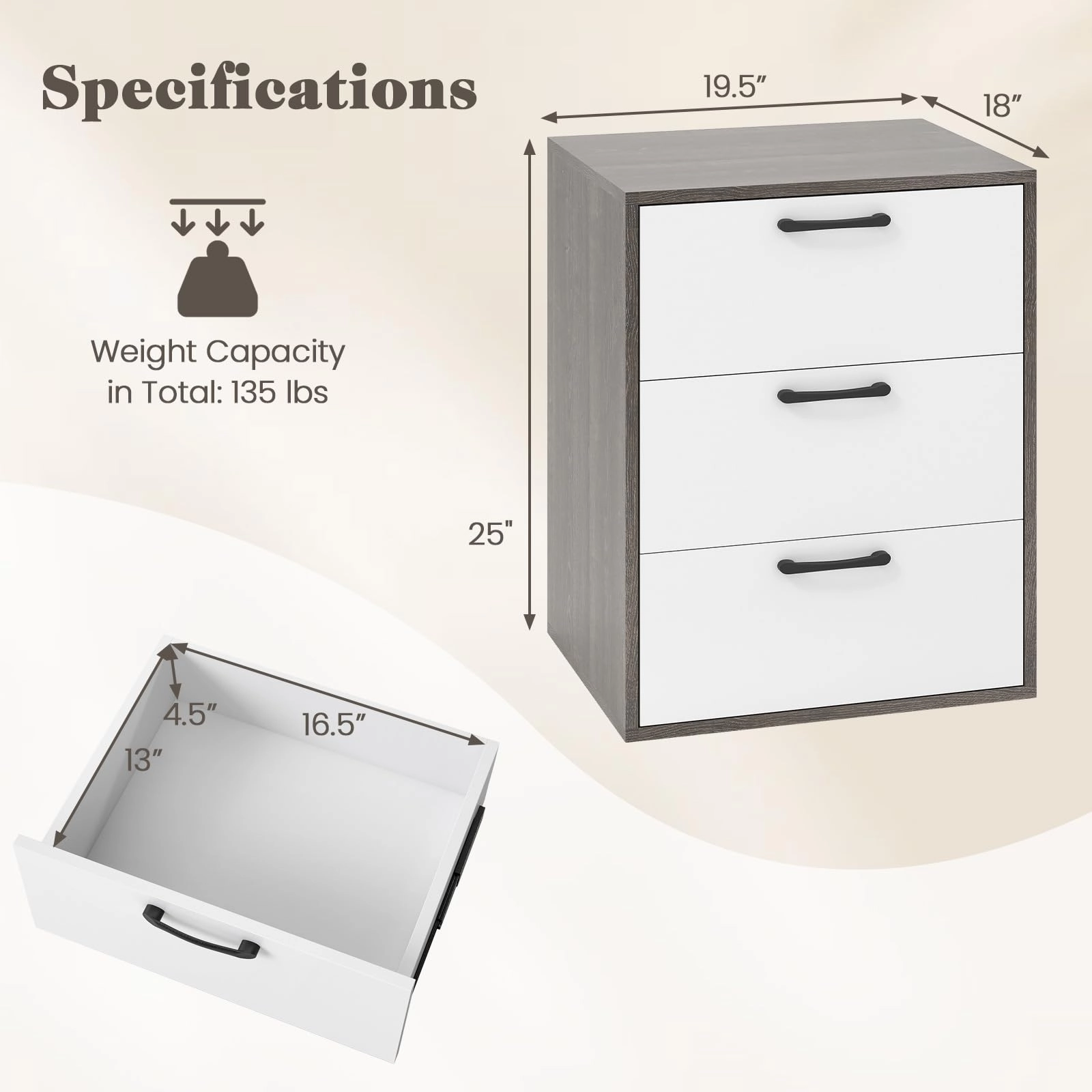 Giantex Nightstand with 3 Drawers for Bedroom Hallway