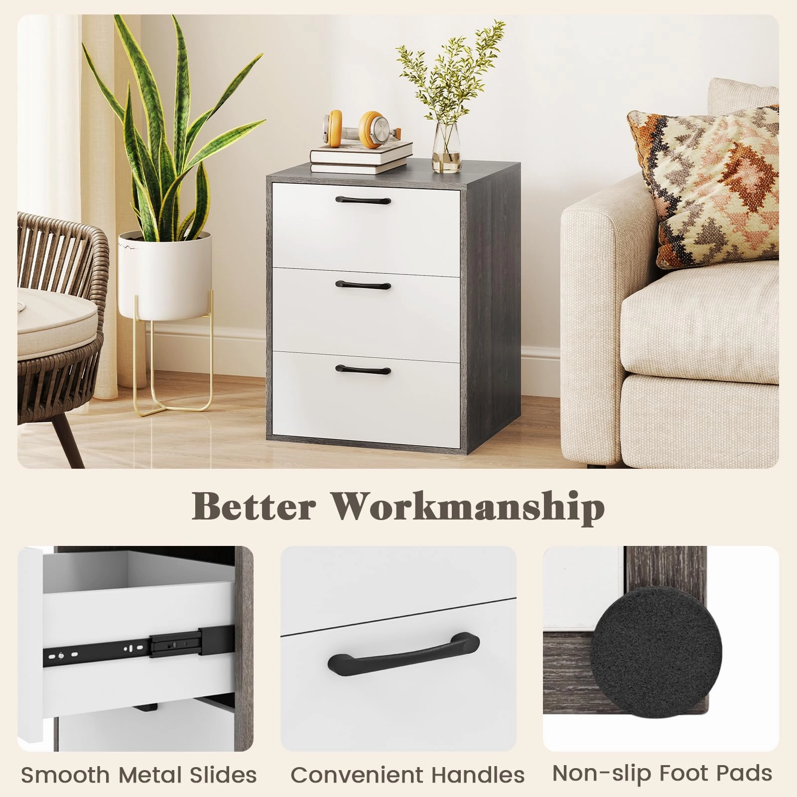 Giantex Nightstand with 3 Drawers for Bedroom Hallway