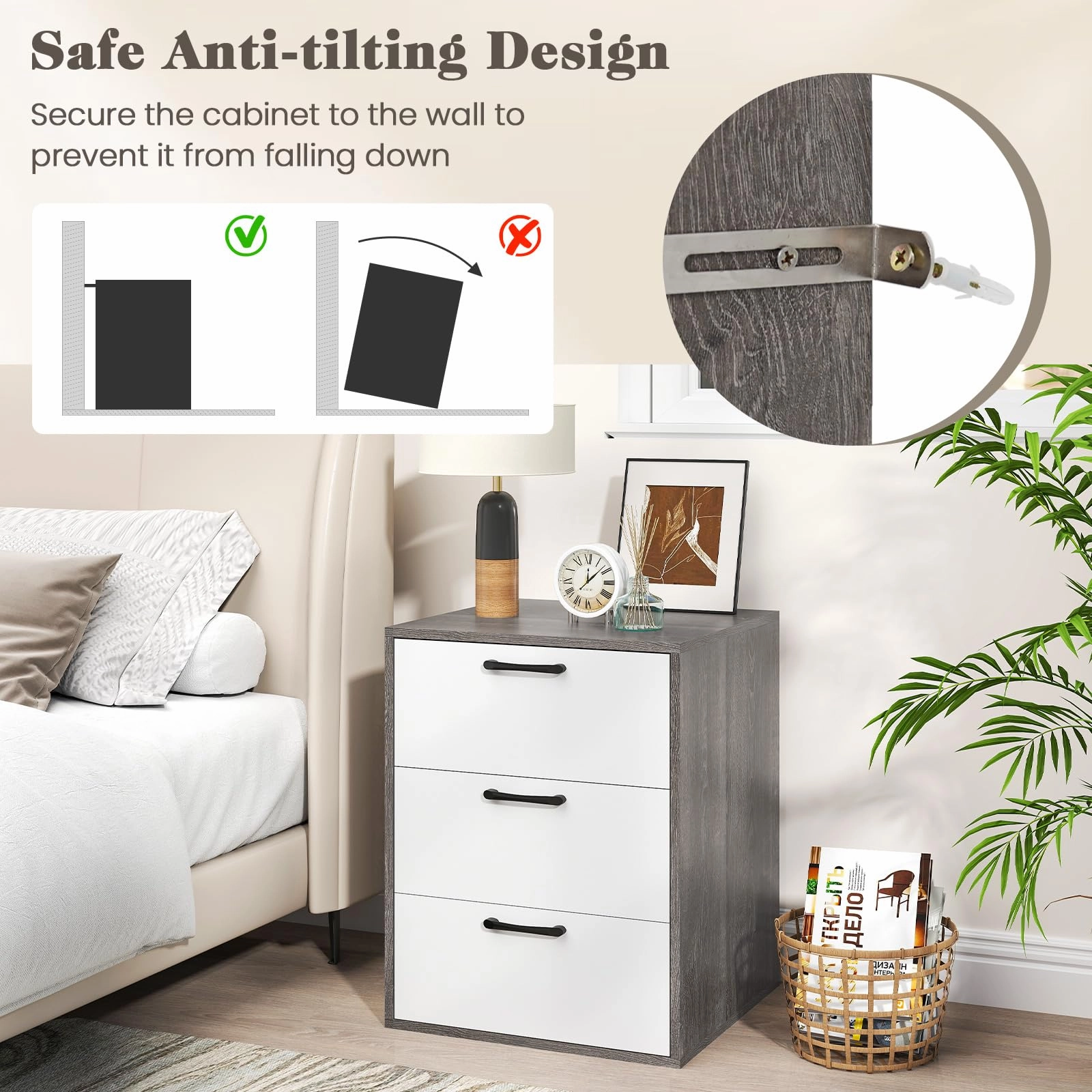 Giantex Nightstand with 3 Drawers for Bedroom Hallway