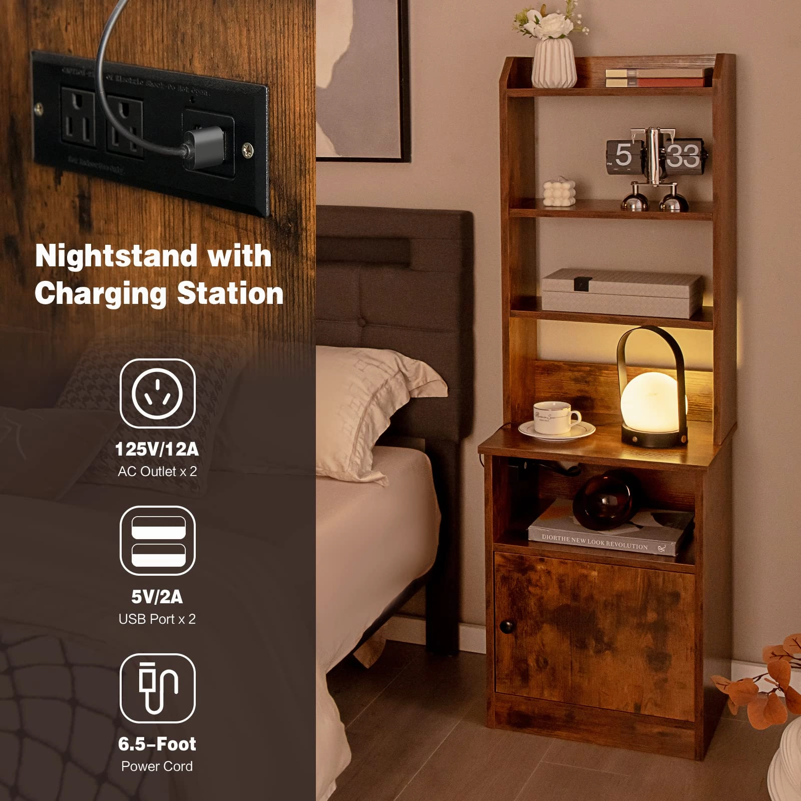 Giantex Nightstand with Charging Station - 55" Tall Bedside Table