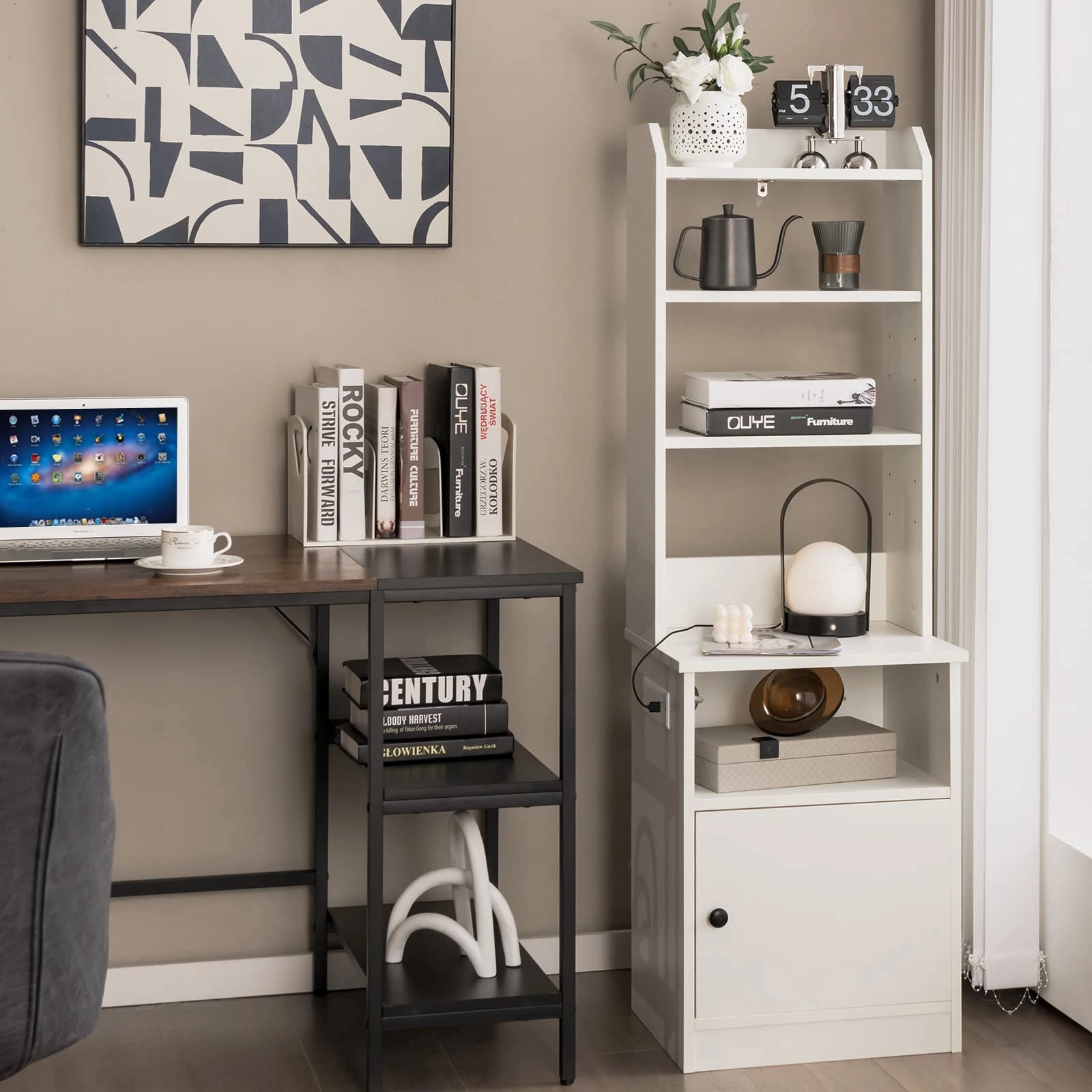 Giantex Nightstand with Charging Station - 55" Tall Bedside Table