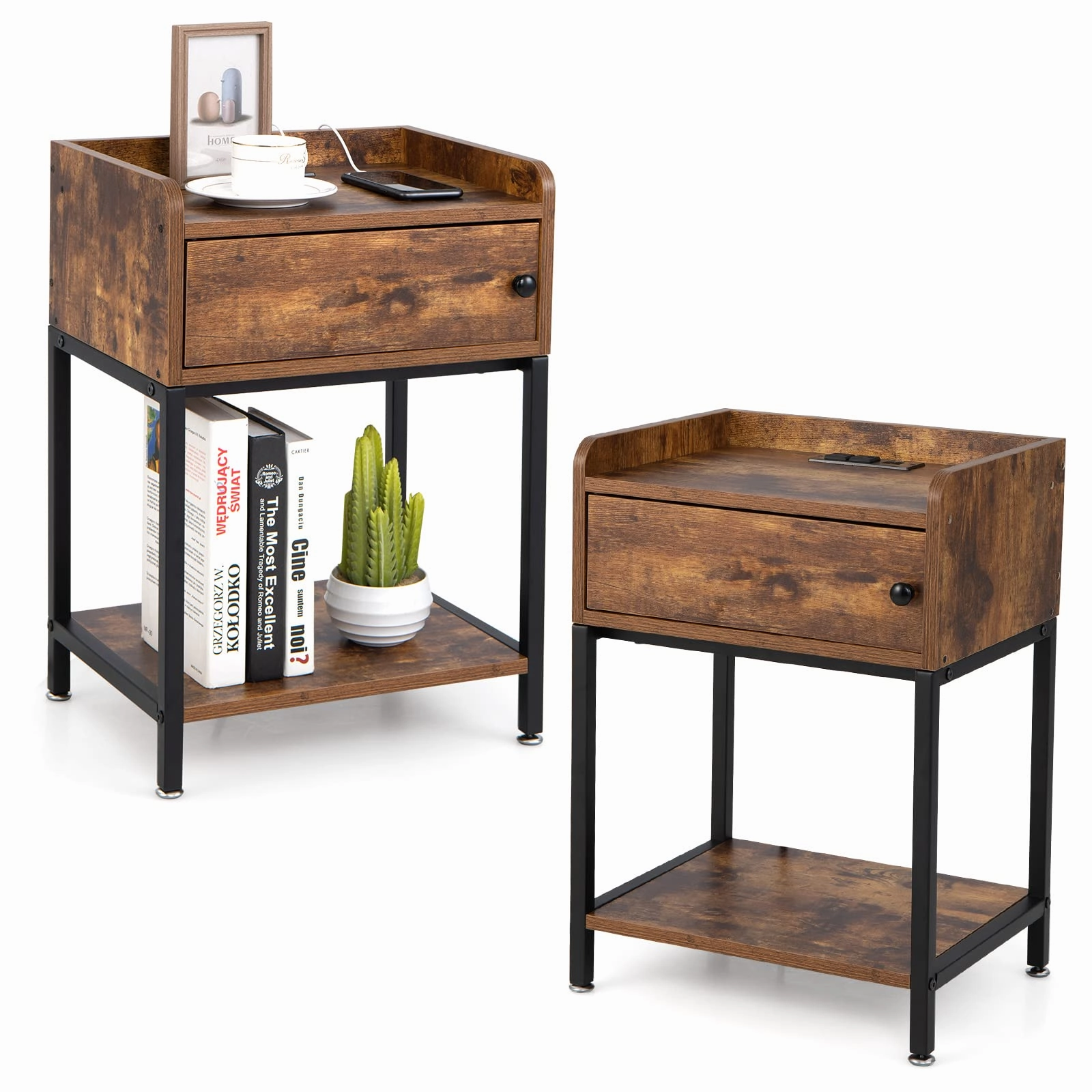 Giantex Nightstand with Charging Station - Sofa Side Table entry bench, mudroom storage