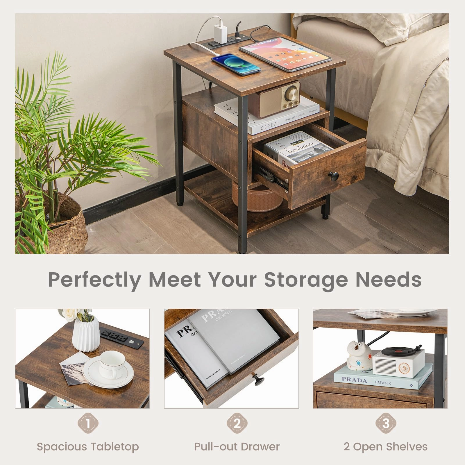 Giantex Nightstand with Charging Station