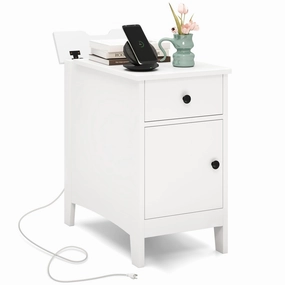 Giantex Nightstand with Charging Station, Flip Top End Table w/USB Ports & Outlets, Modern Side Table w/Storage Drawer throw pillow, fuzzy blanket