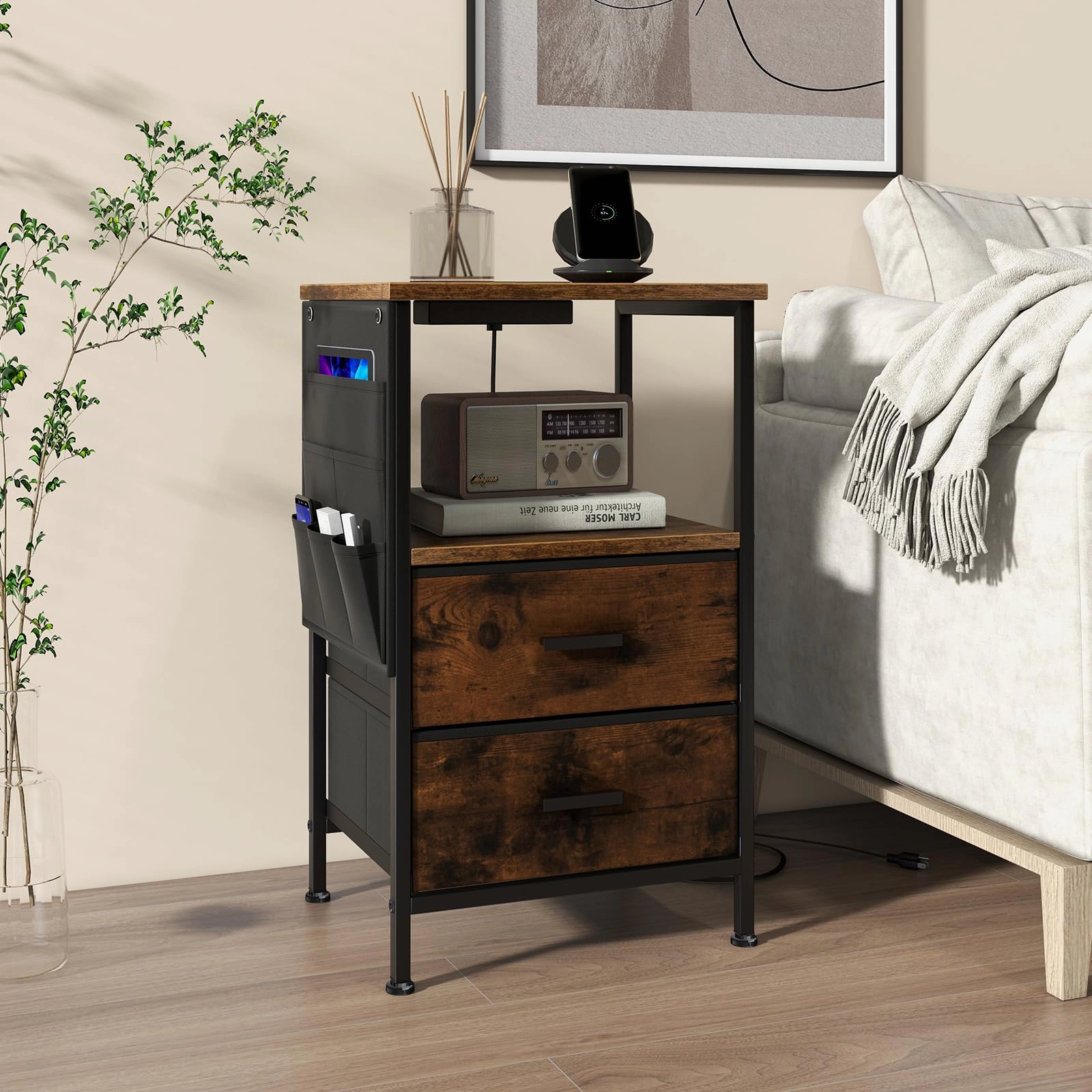 Giantex Nightstand with Charging Station, Industrial Bedside Table with 2 Fabric Drawers & 6 Storage Pockets